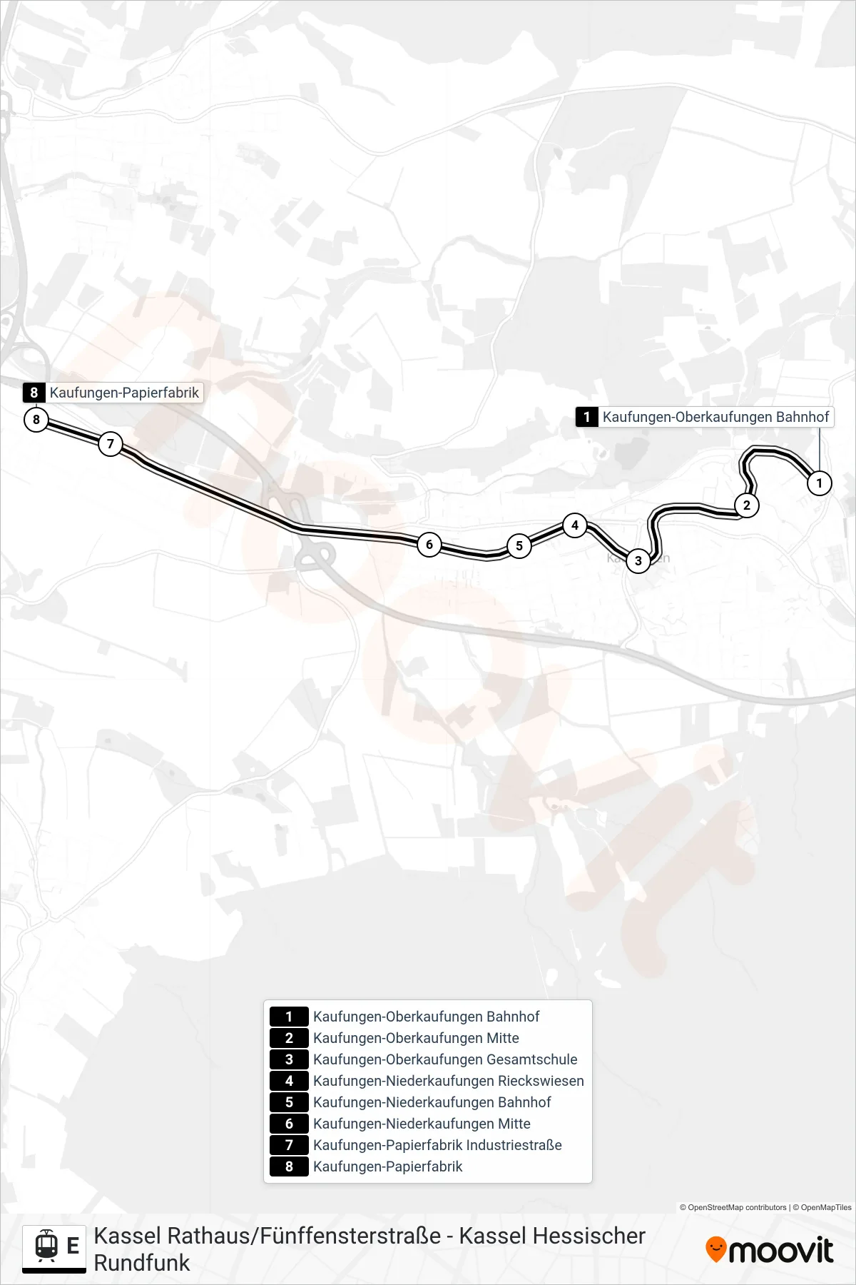 Linie E (Straßenbahn) Richtung Kaufungen-Papierfabrik: Route und Haltestellen auf der Karte
