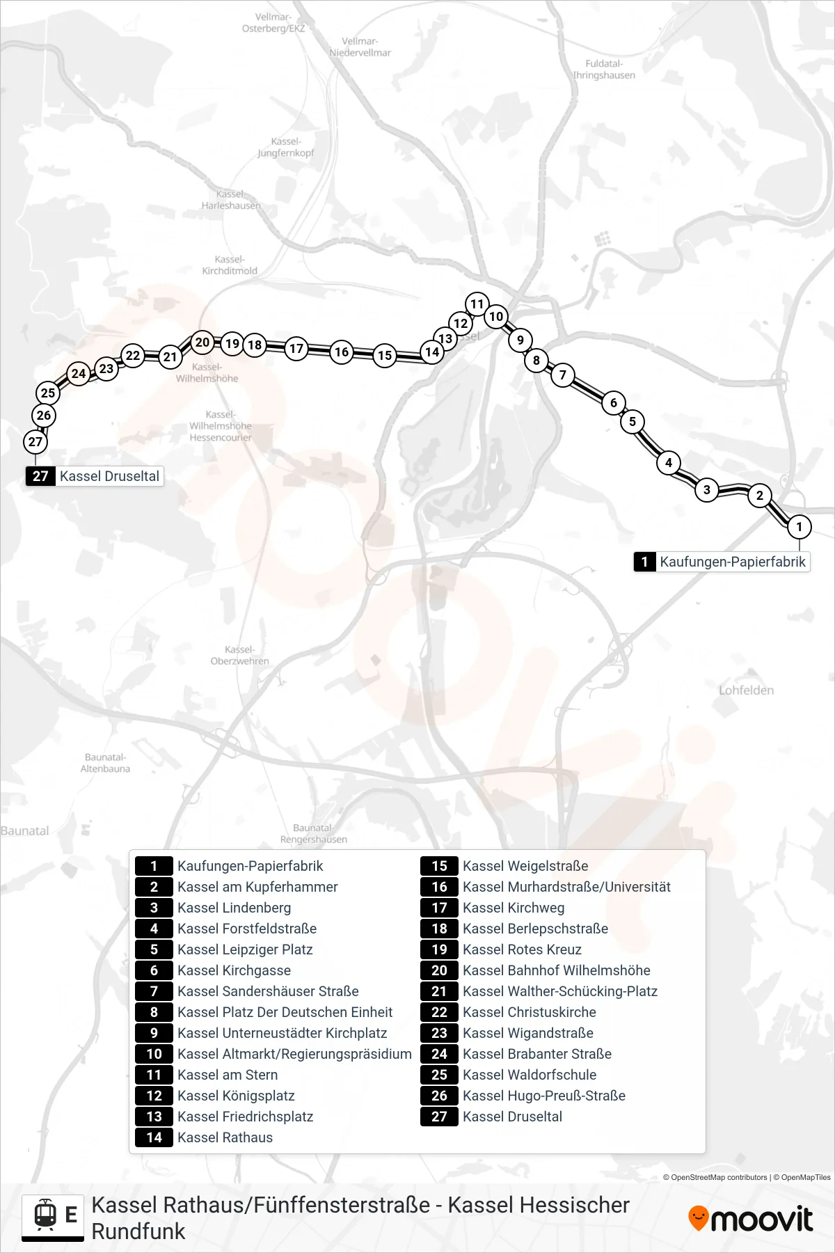 Linie E (Straßenbahn) Richtung Kassel Druseltal: Route und Haltestellen auf der Karte