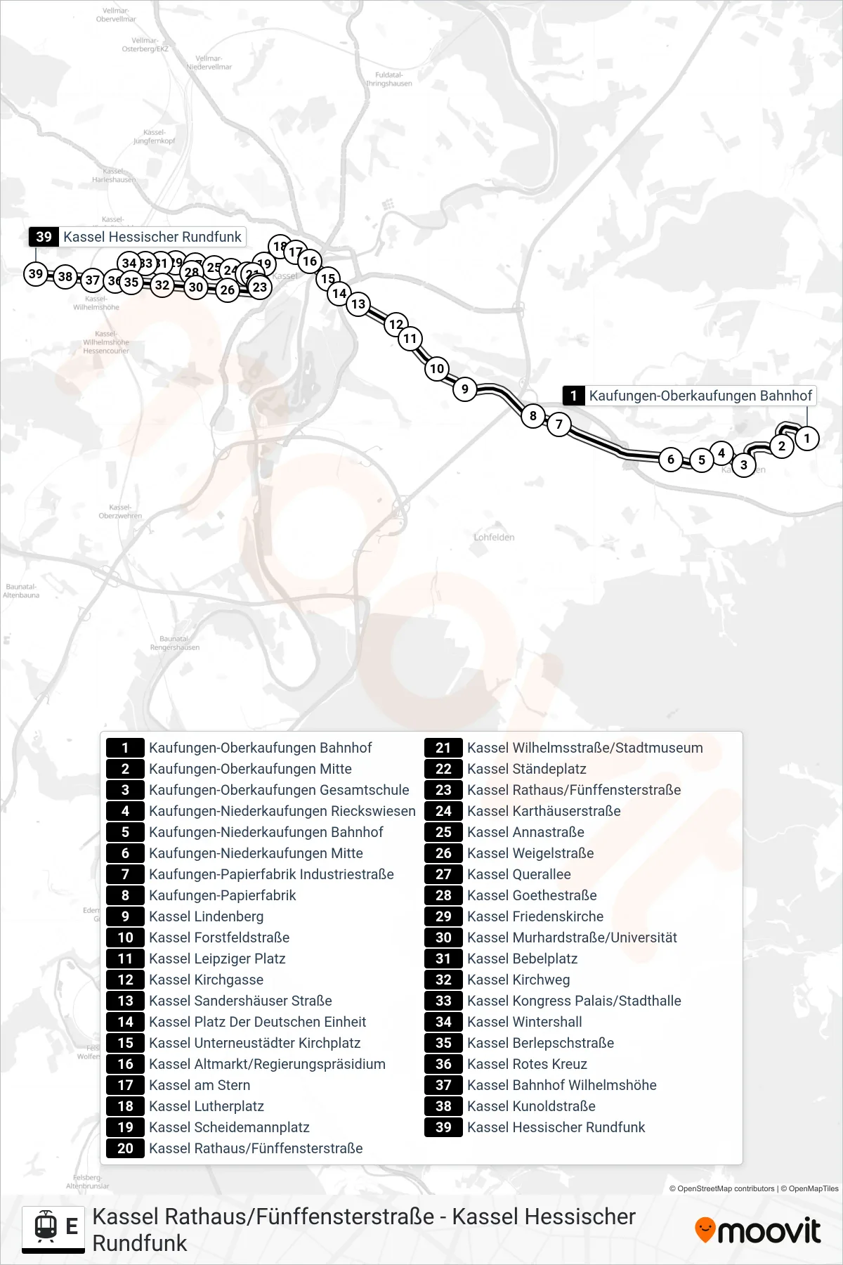 Linie E (Straßenbahn) Richtung Kassel Hessischer Rundfunk: Route und Haltestellen auf der Karte