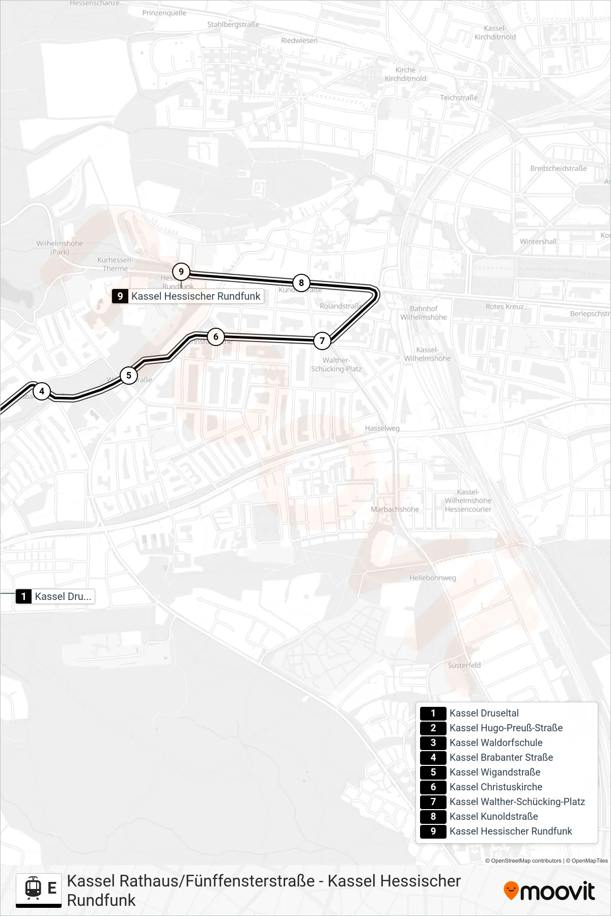 Linie E (Straßenbahn) Richtung Kassel Hessischer Rundfunk: Route und Haltestellen auf der Karte