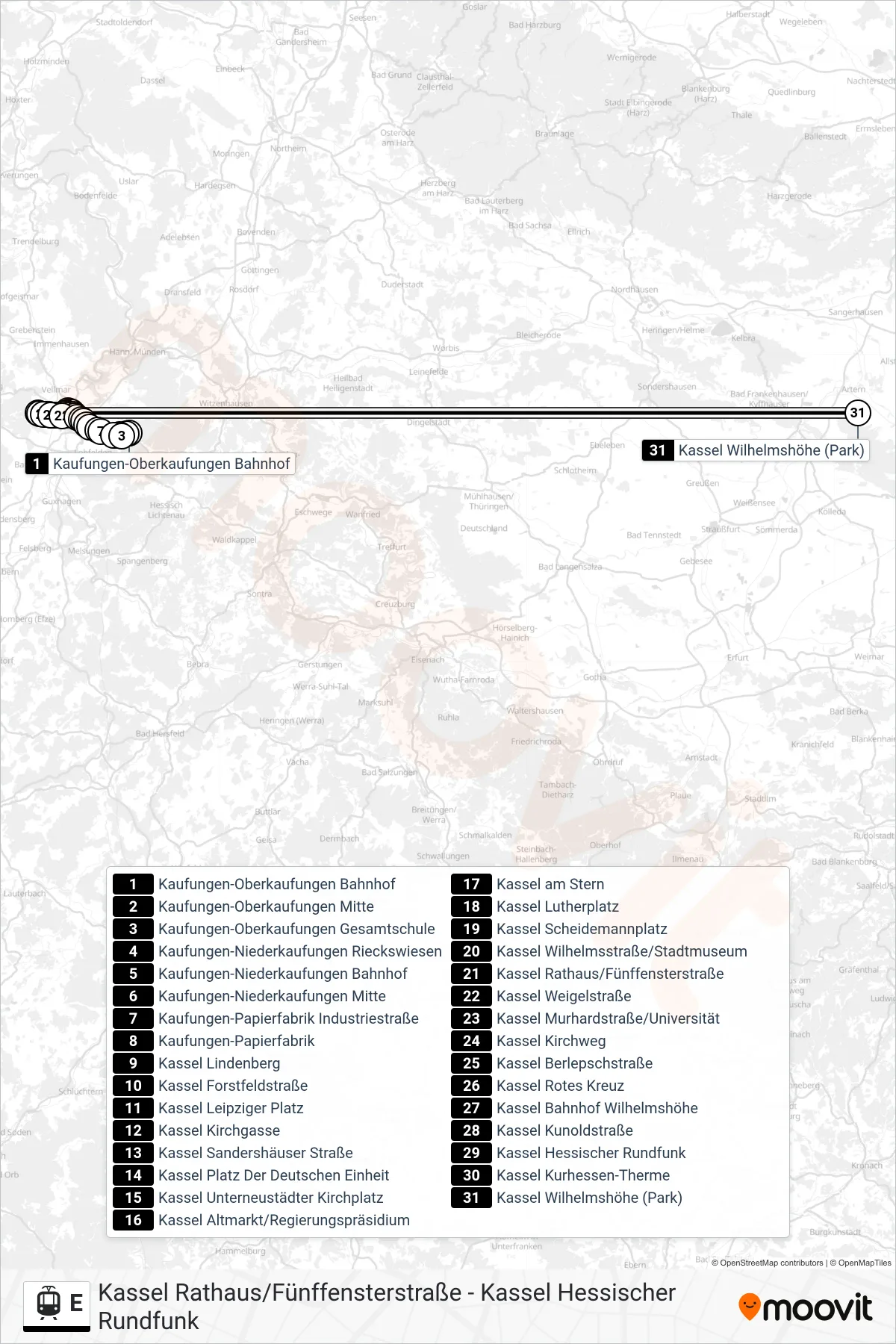 Linie E (Straßenbahn) Richtung Kassel Wilhelmshöhe (Park): Route und Haltestellen auf der Karte