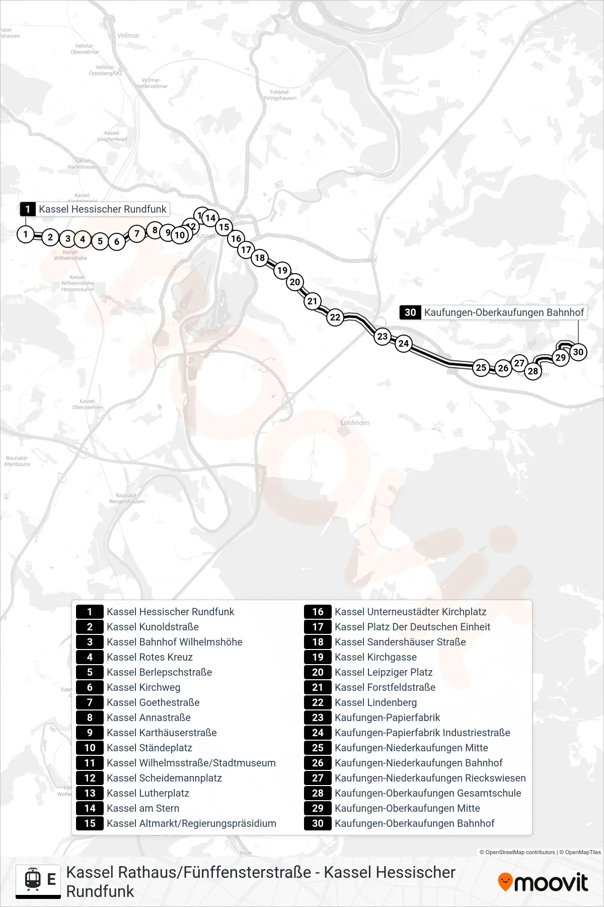 Linie E (Tram) Richtung Kaufungen-Oberkaufungen Bahnhof: Route und Haltestellen auf der Karte
