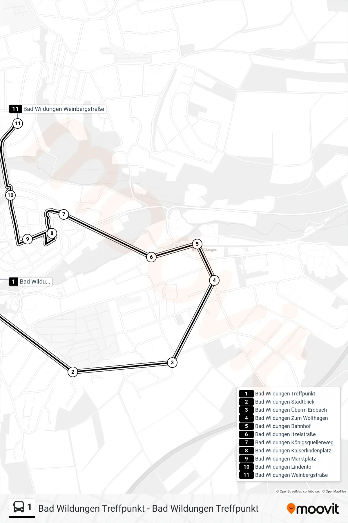 1 bus Line (Bad Wildungen Weinbergstraße) route and stops on a map