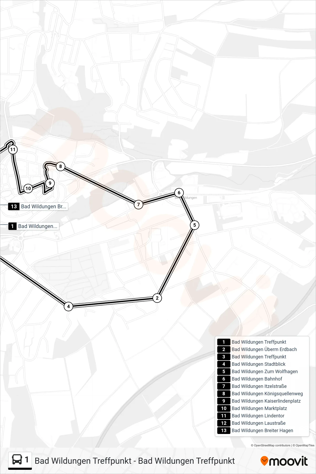 1 bus Line (Treffpunkt Via Marktplatz) route and stops on a map