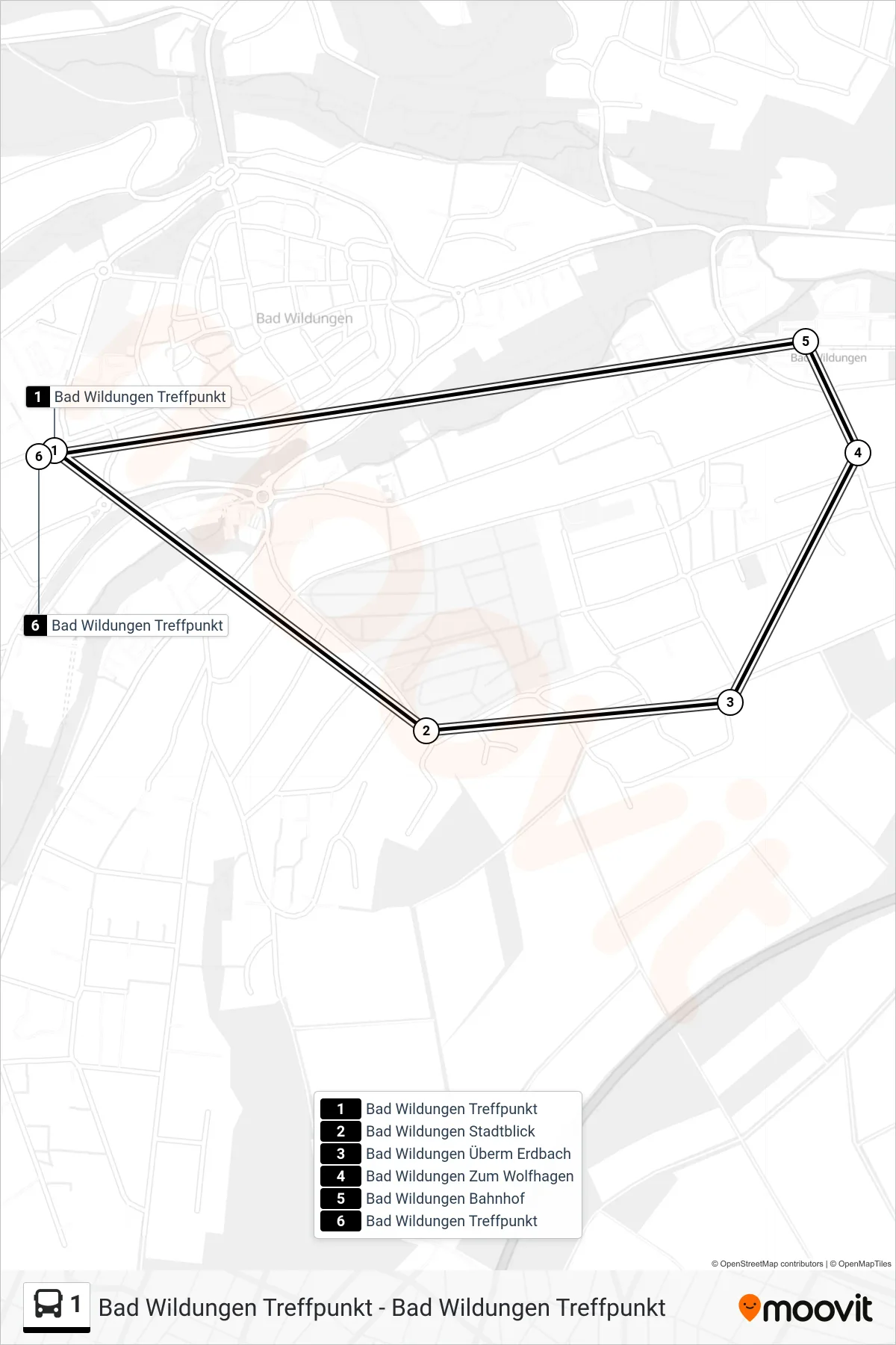 1 bus Line (Treffpunkt Via Stadtblick) route and stops on a map