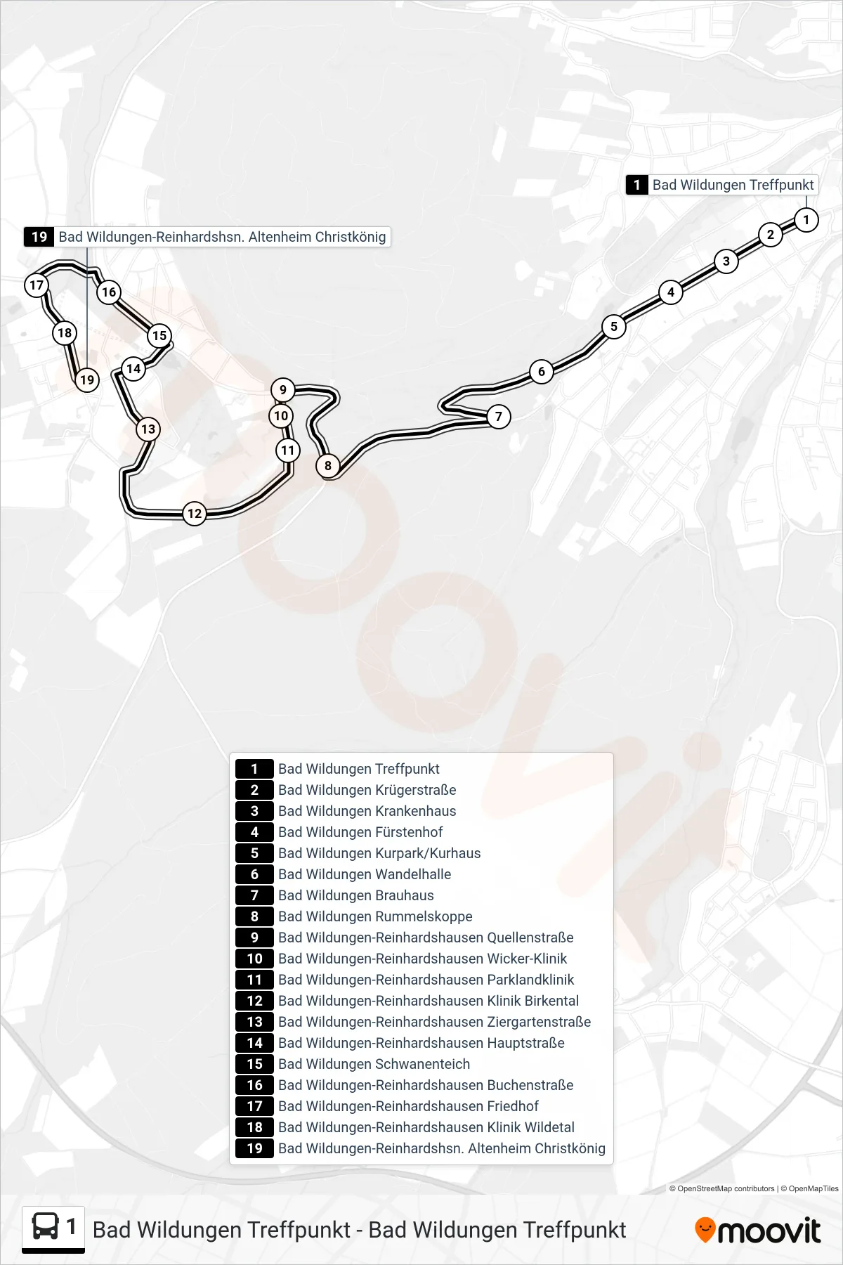 1 bus Line (Reinhardshausen Via Wandelhalle) route and stops on a map