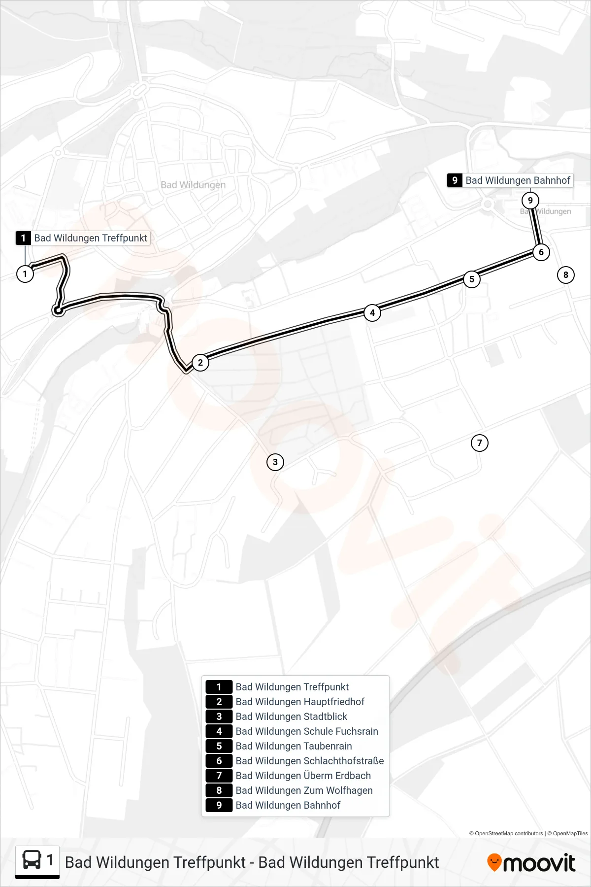 1 bus Line (Bahnhof) route and stops on a map