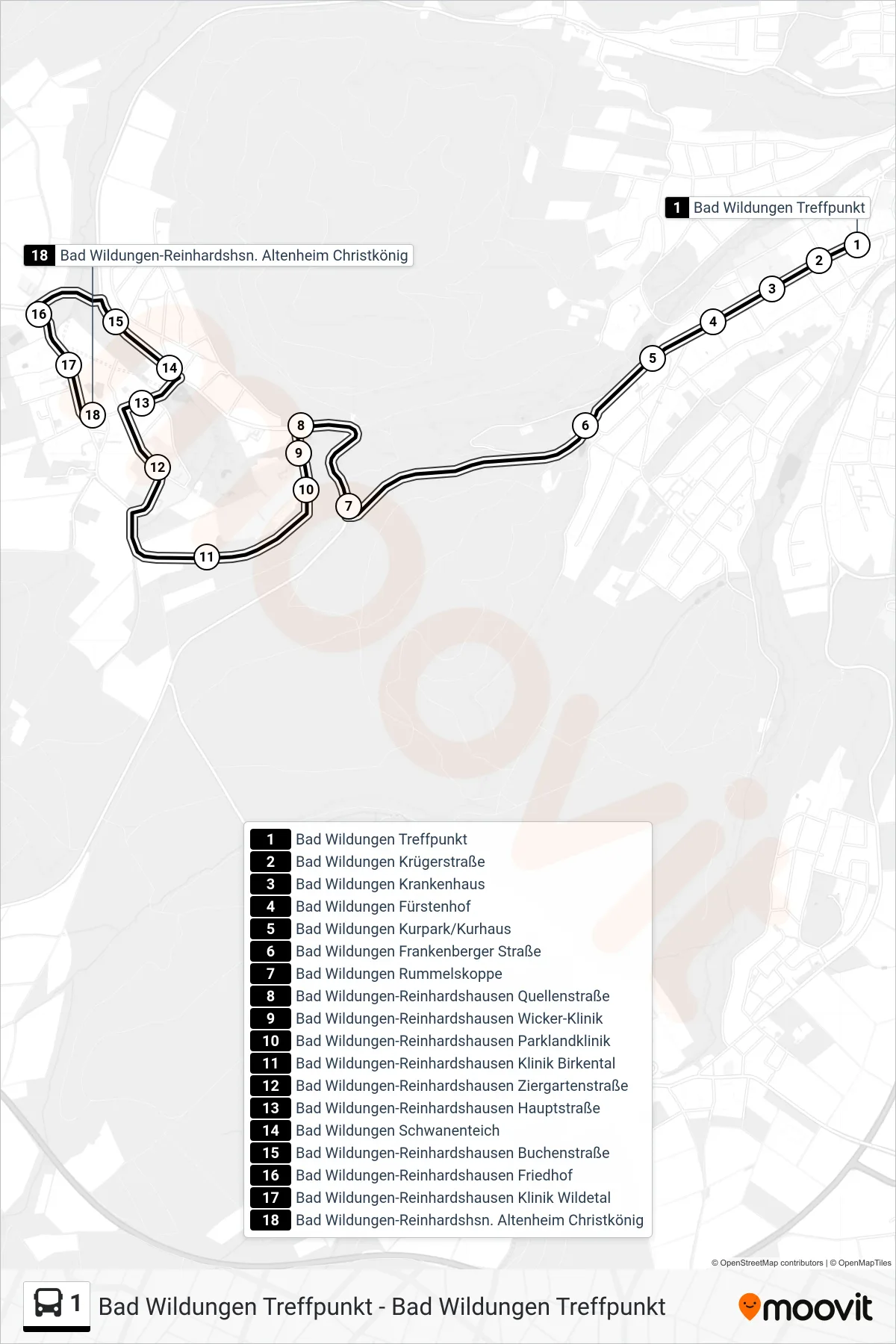 1 bus Line (Reinhardshausen) route and stops on a map