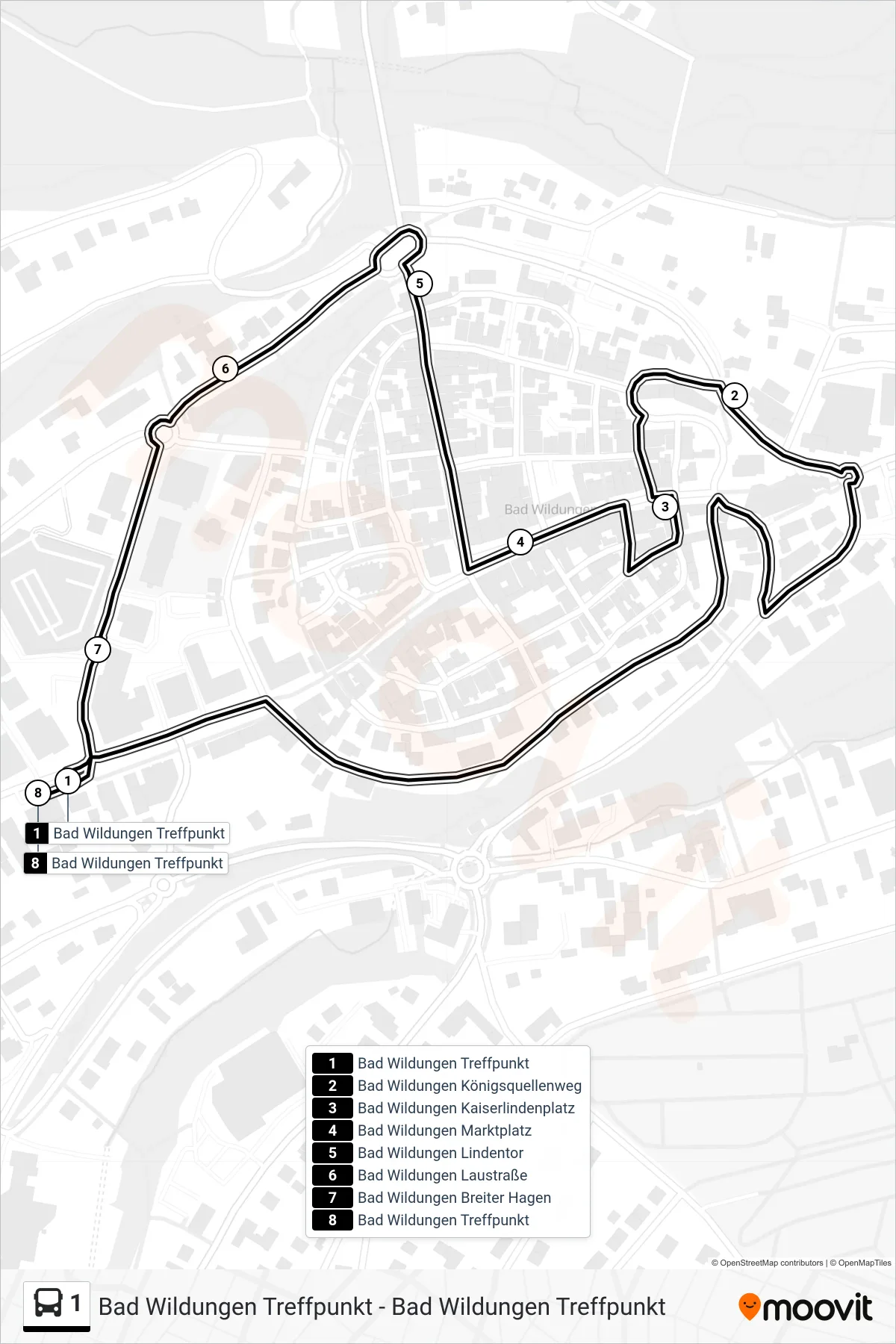 1 bus Line (Treffpunkt) route and stops on a map