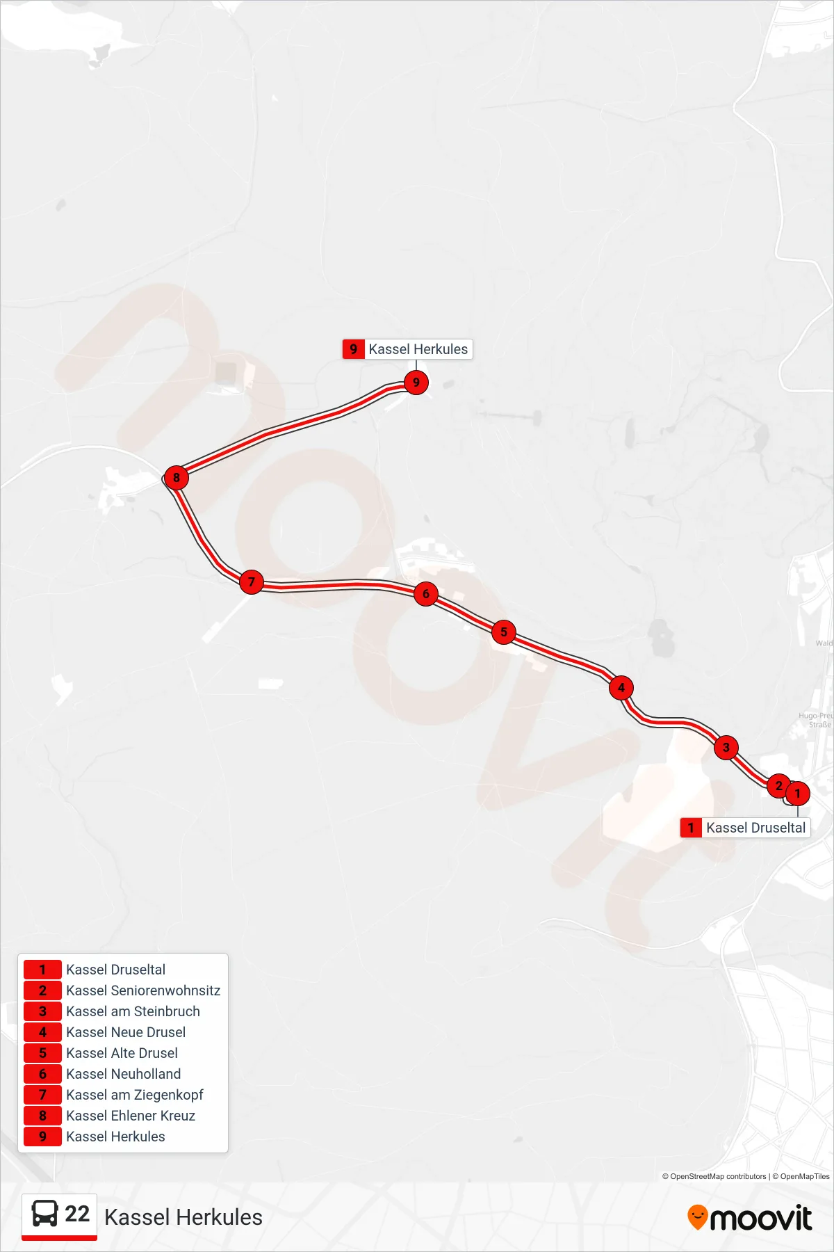 Linie 22 (Bus) Richtung Kassel Herkules: Route und Haltestellen auf der Karte