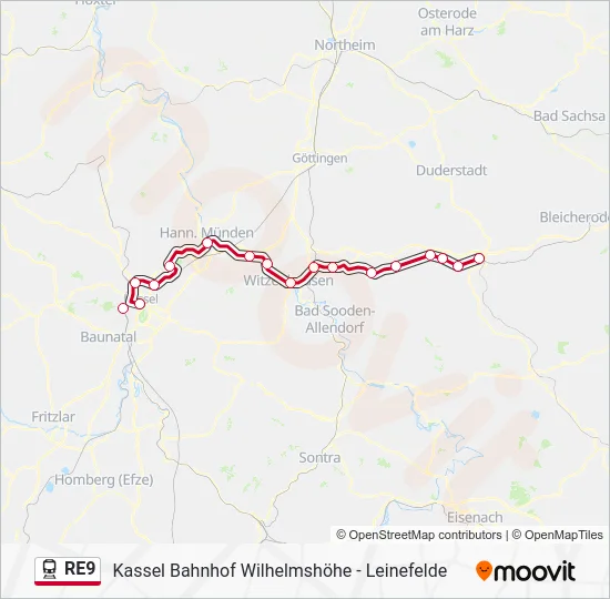 Поезд RE9: карта маршрута
