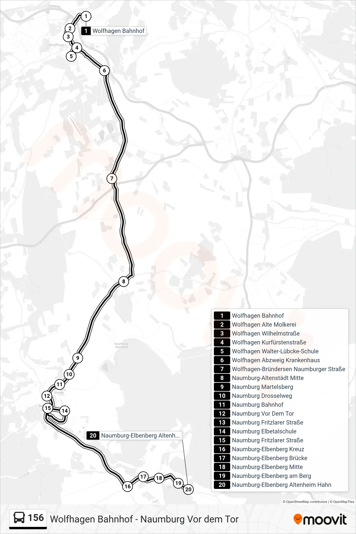 Linie 156 (Bus) Richtung Naumburg-Elbenberg: Route und Haltestellen auf der Karte