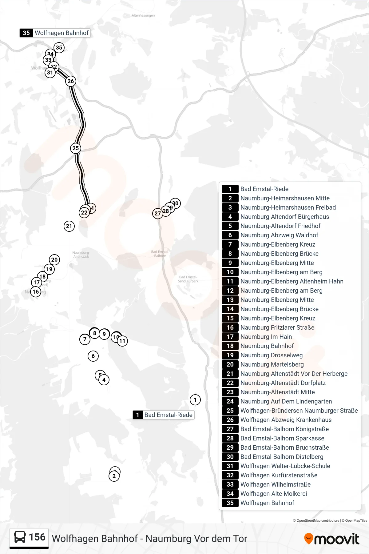 156 bus Line (Wolfhagen) route and stops on a map