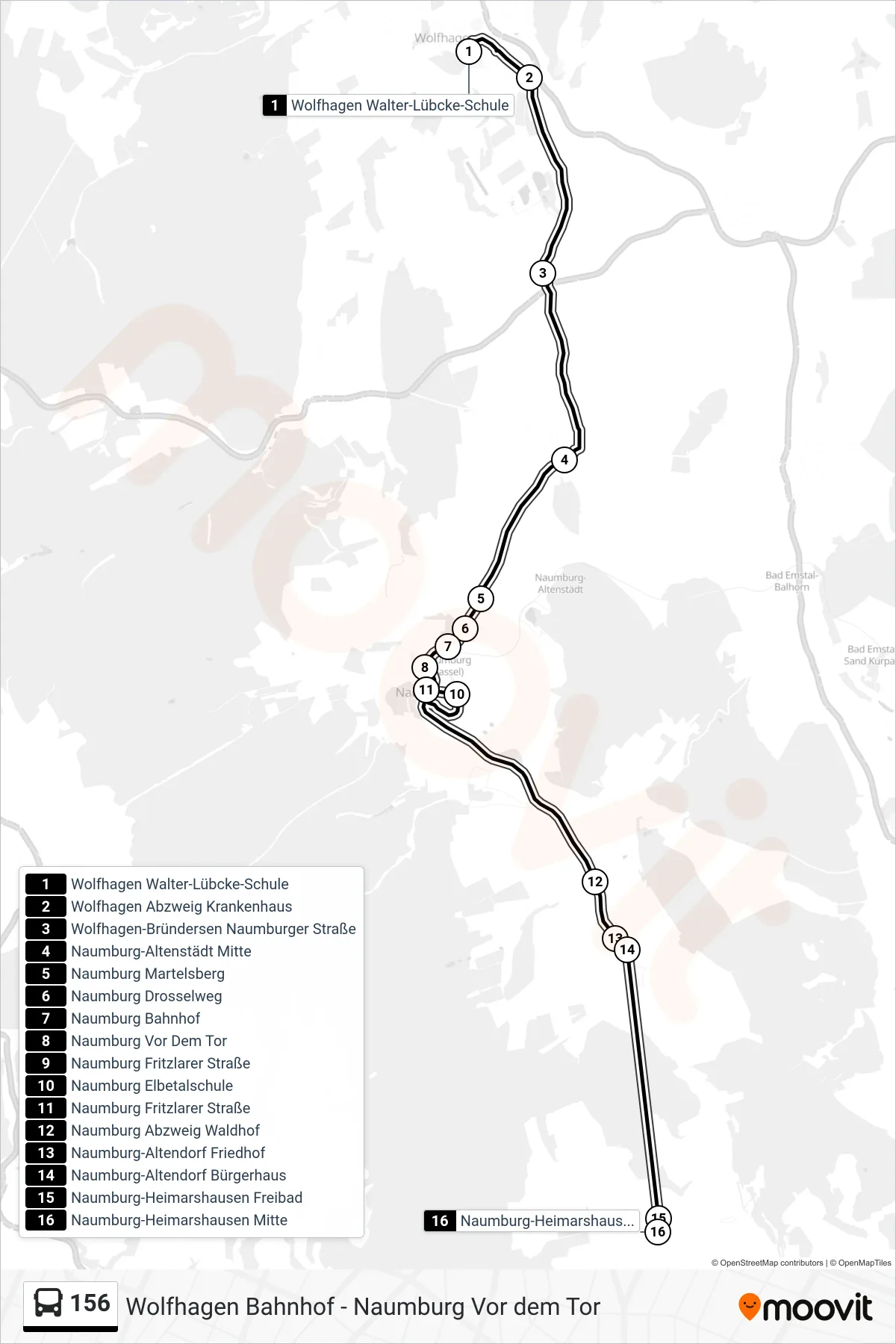 156 bus Line (Naumburg-Heimarshausen Mitte) route and stops on a map