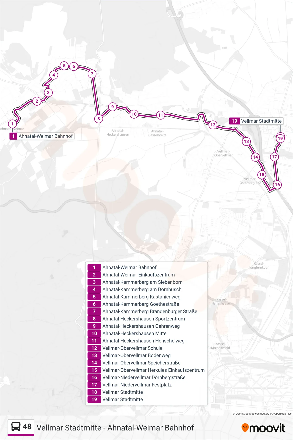 Linie 48 (Bus) Richtung Vellmar Stadtmitte: Route und Haltestellen auf der Karte