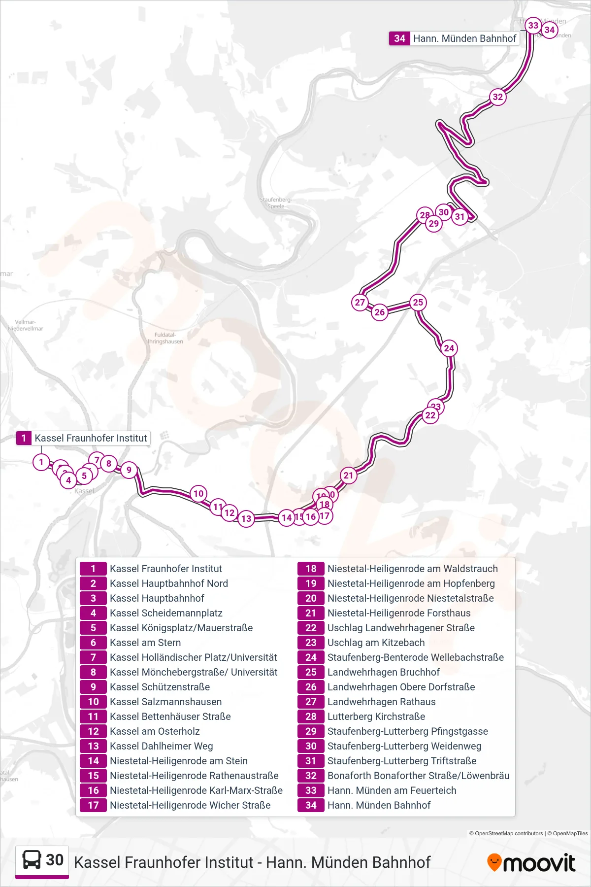 30 bus Line (Hann. Münden Bahnhof) route and stops on a map