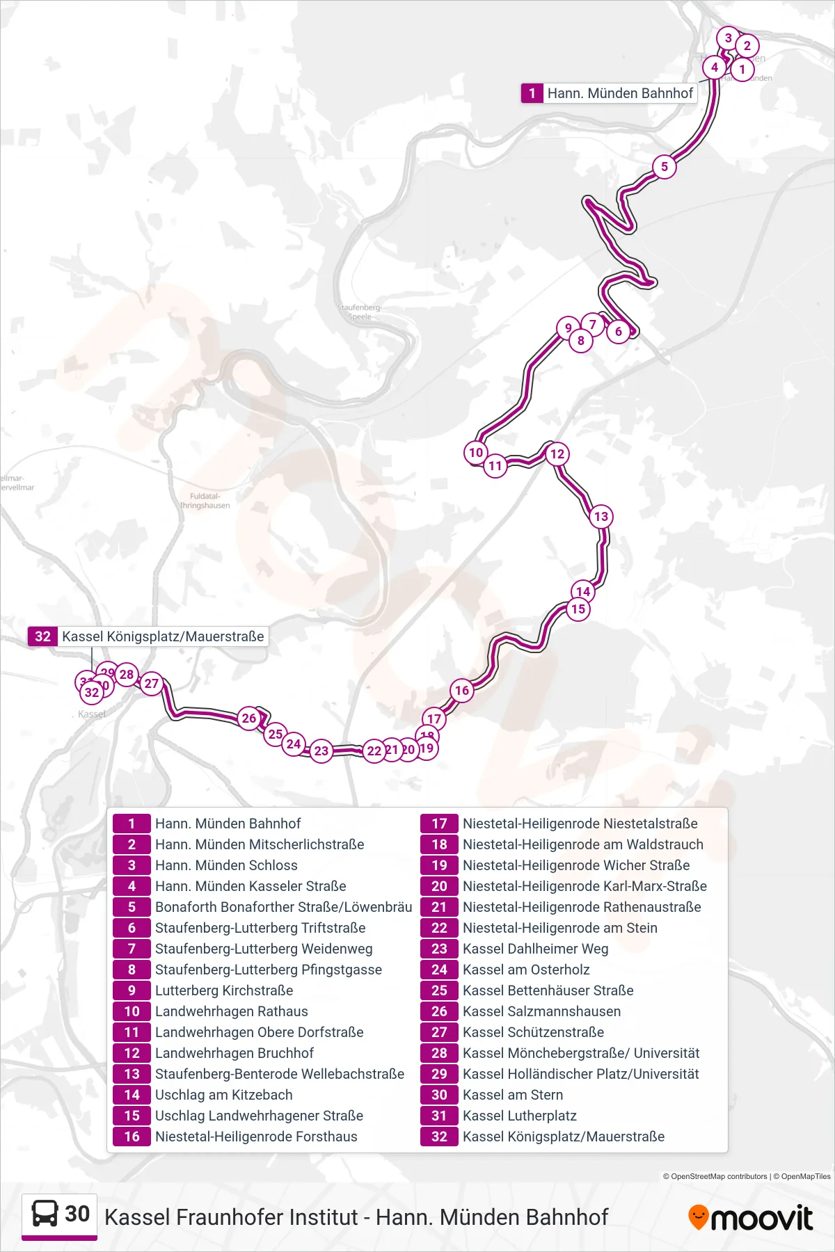 Linie 30 (Bus) Richtung Kassel Königsplatz/Mauerstraße: Route und Haltestellen auf der Karte