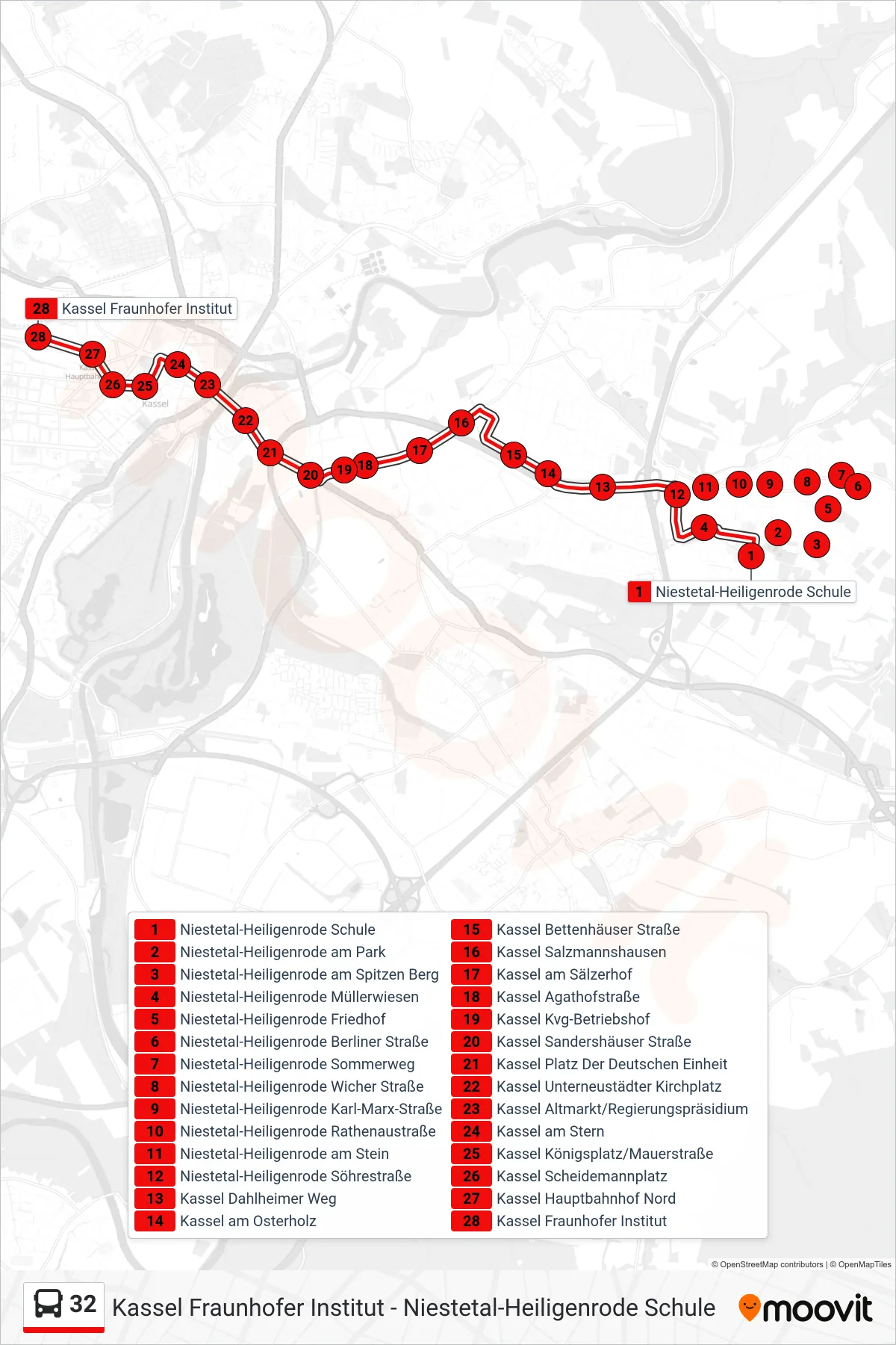 32 bus Line (Kassel Fraunhofer Institut) route and stops on a map