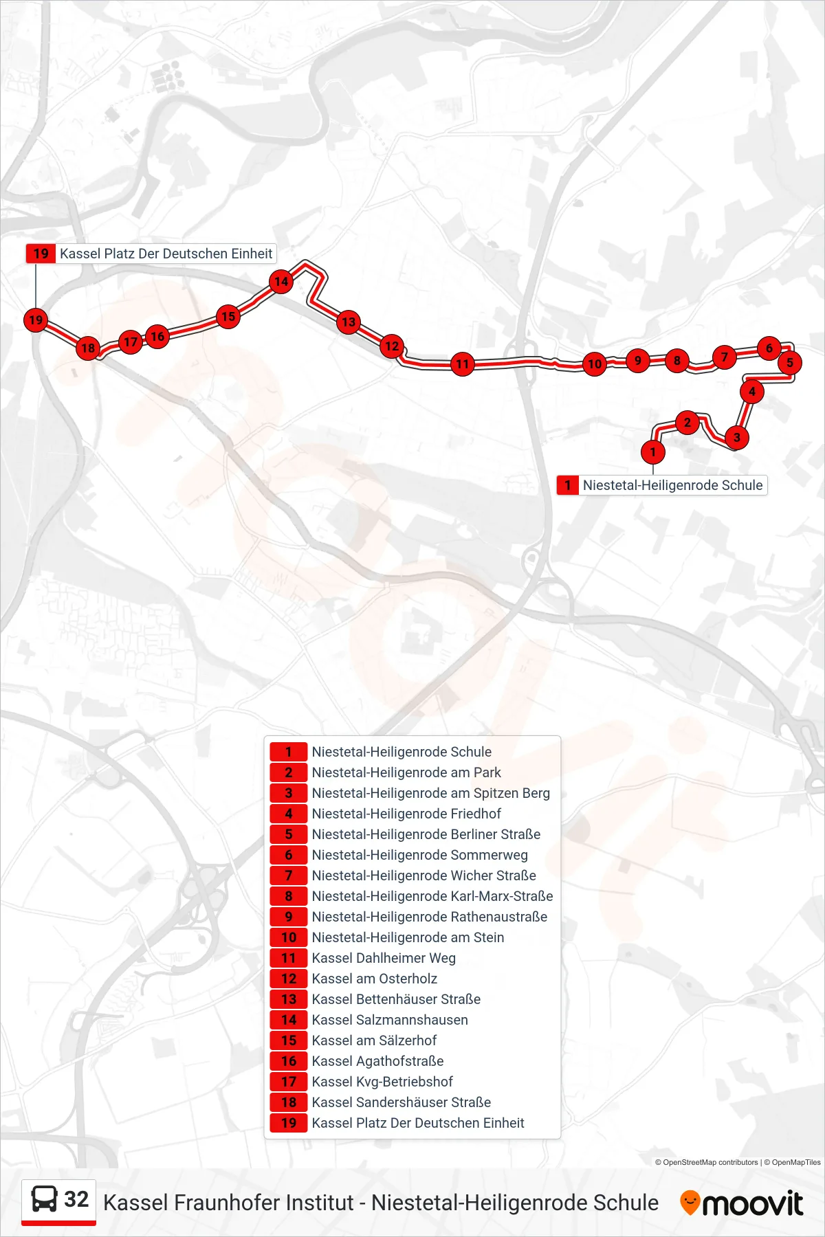 32 bus Line (Kassel Platz Der Deutschen Einheit) route and stops on a map