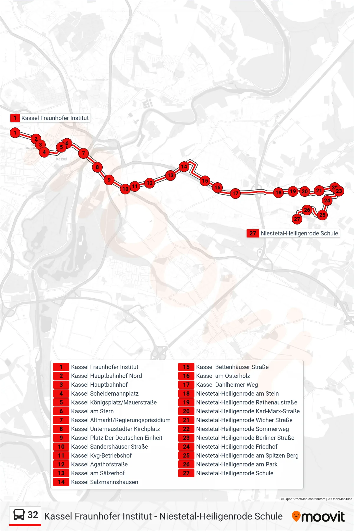 Linie 32 (Bus) Richtung Niestetal-Heiligenrode Schule: Route und Haltestellen auf der Karte