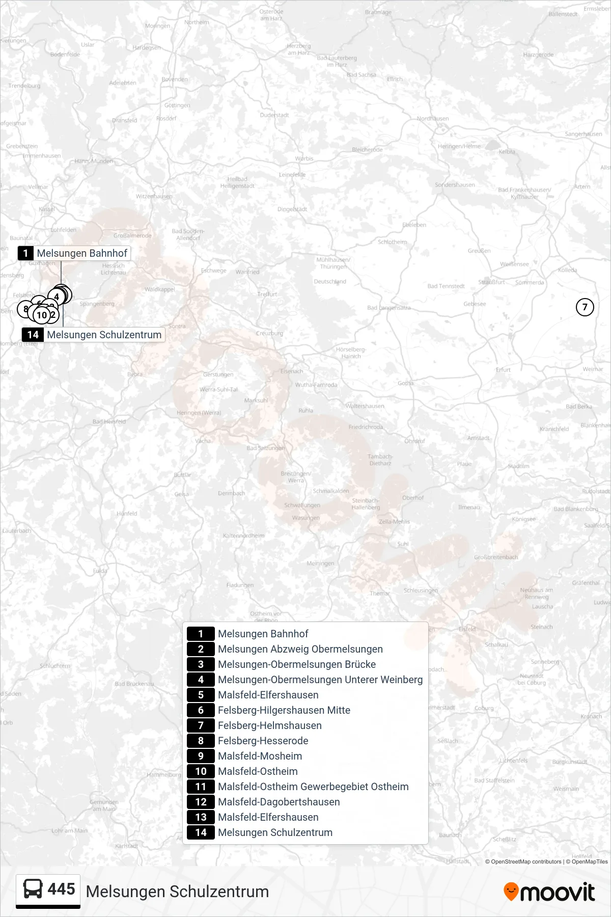 445 bus Line (Melsungen Schulzentrum) route and stops on a map