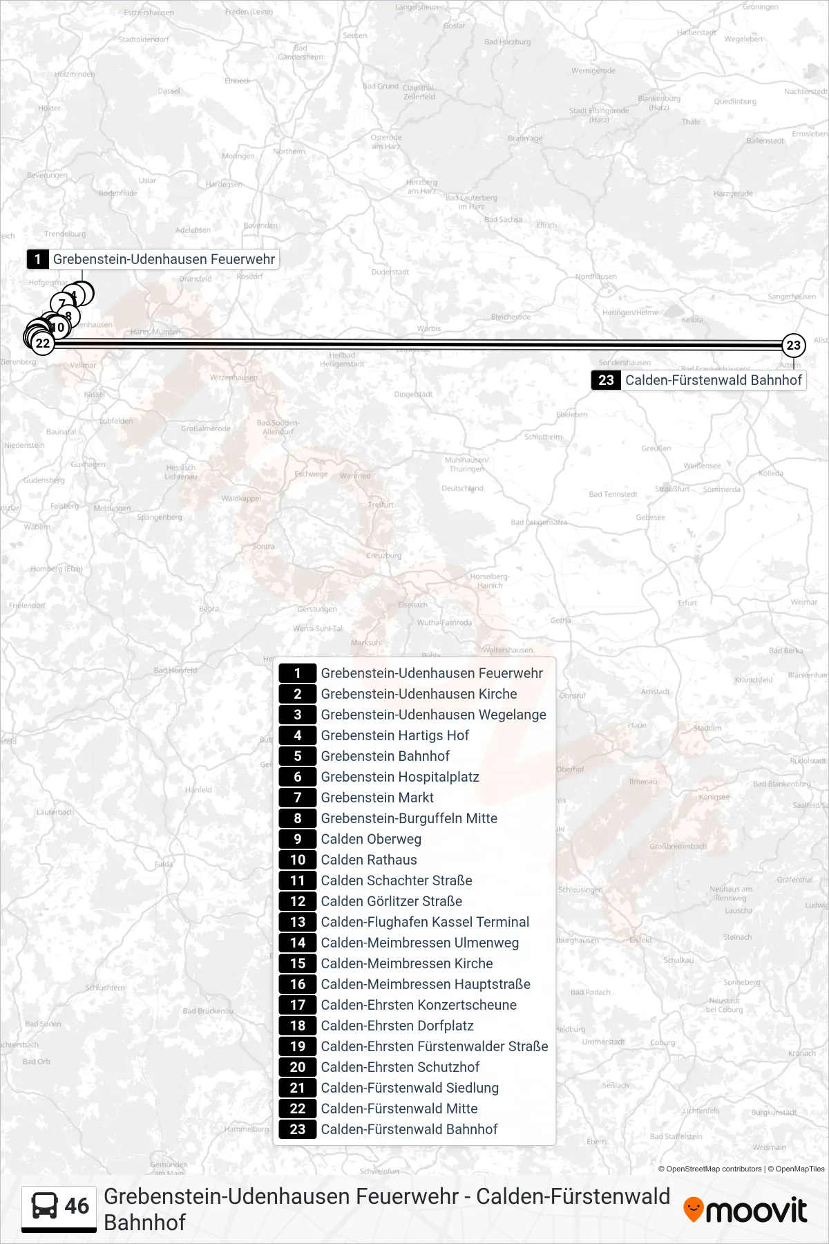 46 bus Line (Calden-Fürstenwald Bahnhof) route and stops on a map