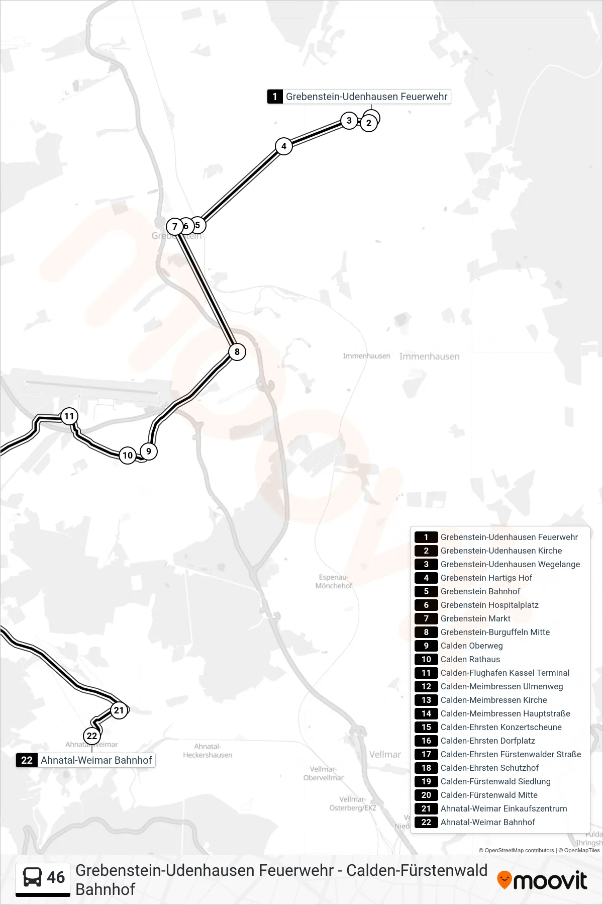 46 bus Line (Ahnatal-Weimar Bahnhof) route and stops on a map
