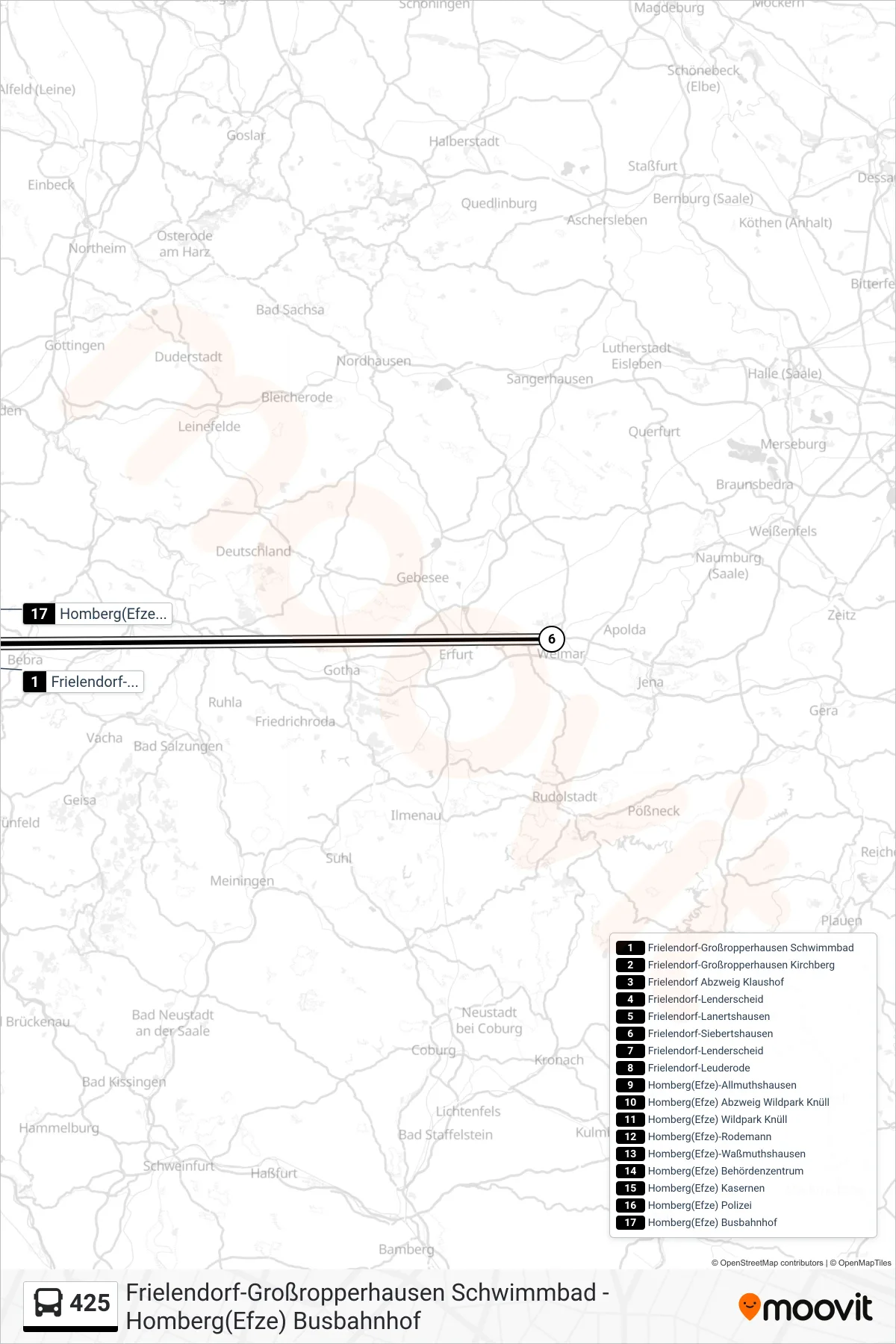 425 bus Line (Homberg, Busbahnhof) route and stops on a map