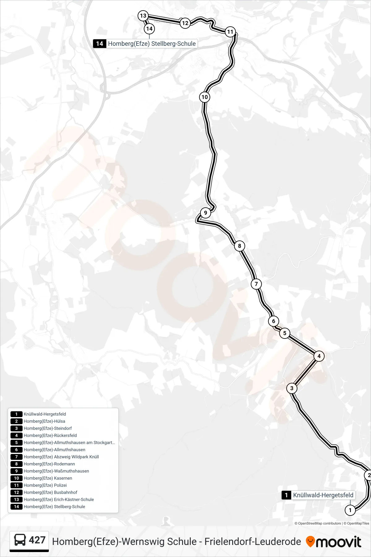 427 bus Line (Homberg Stellberg-Schule) route and stops on a map
