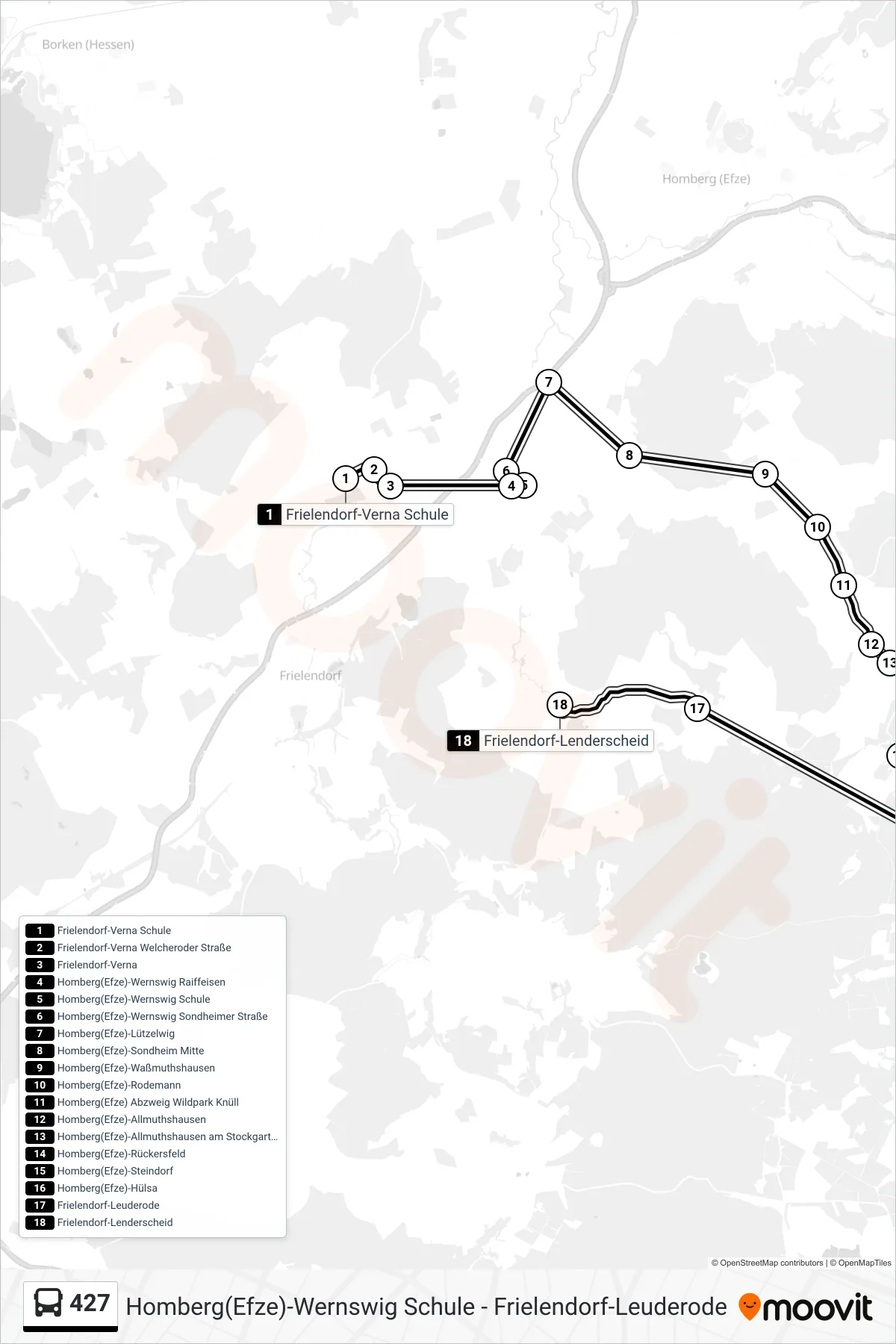 427 bus Line (Lenderscheid) route and stops on a map