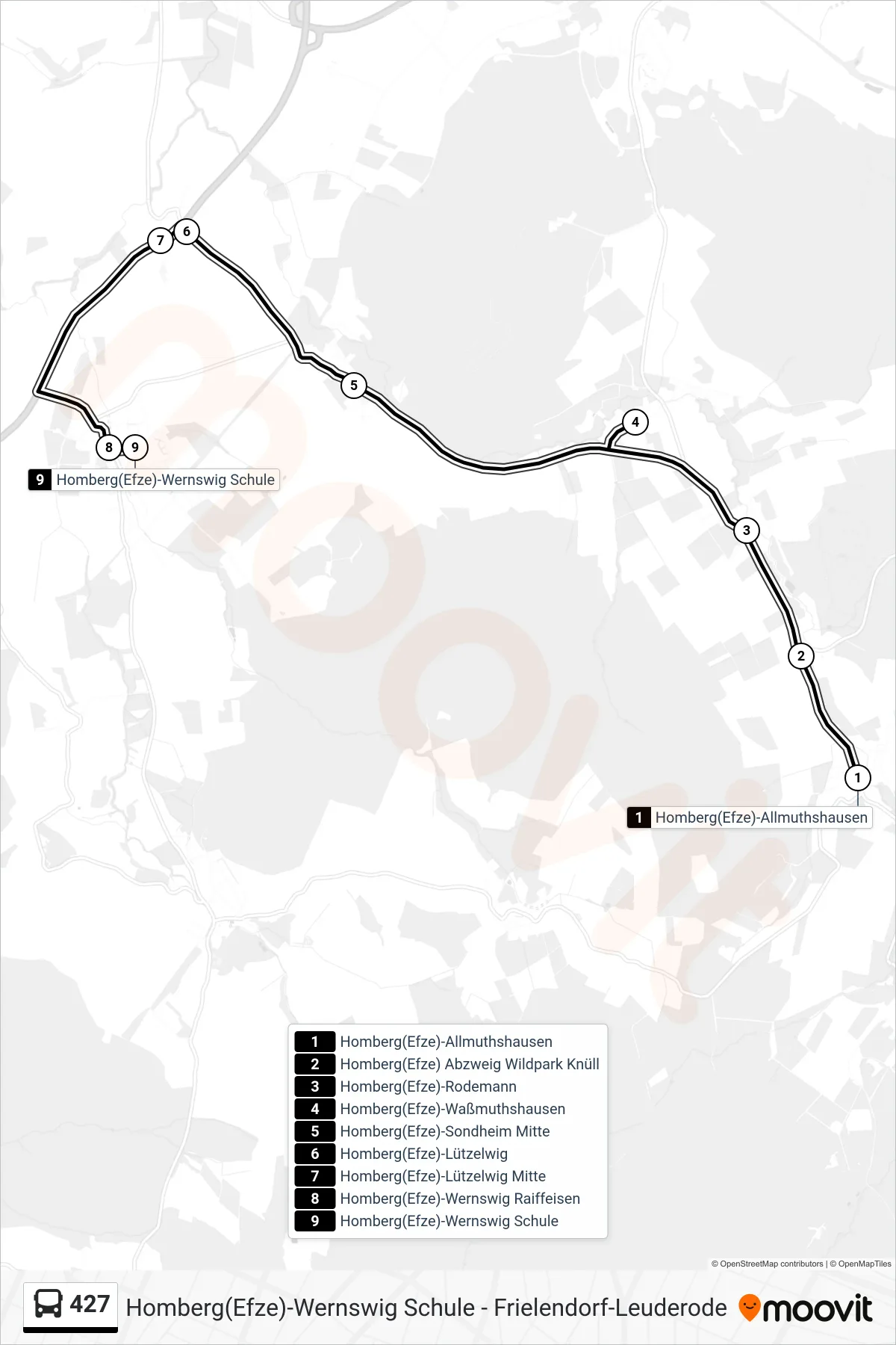 427 bus Line (Wernswig Schule) route and stops on a map