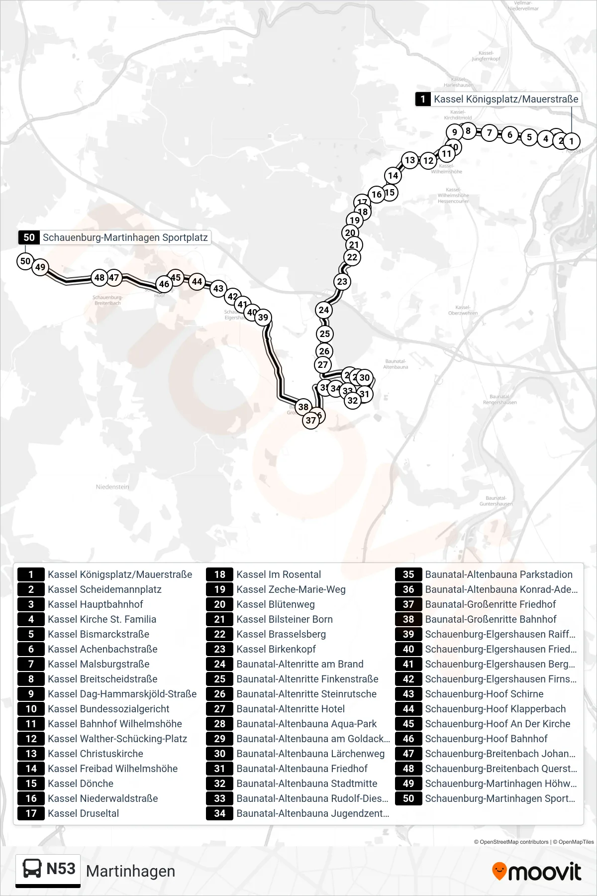Linie N53 (Bus) Richtung Martinhagen: Route und Haltestellen auf der Karte