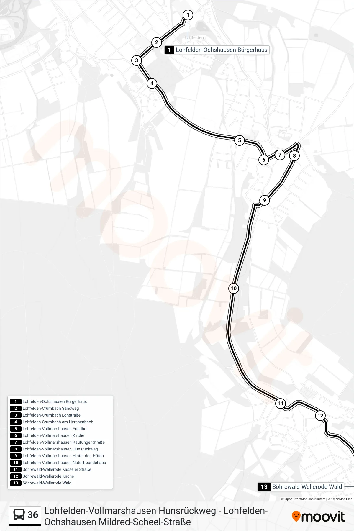 36 bus Line (Söhrewald-Wellerode Wald) route and stops on a map