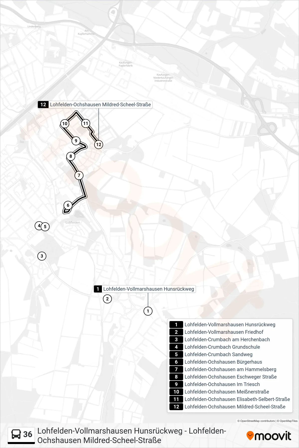 36 bus Line (M.-Scheel-Str.) route and stops on a map