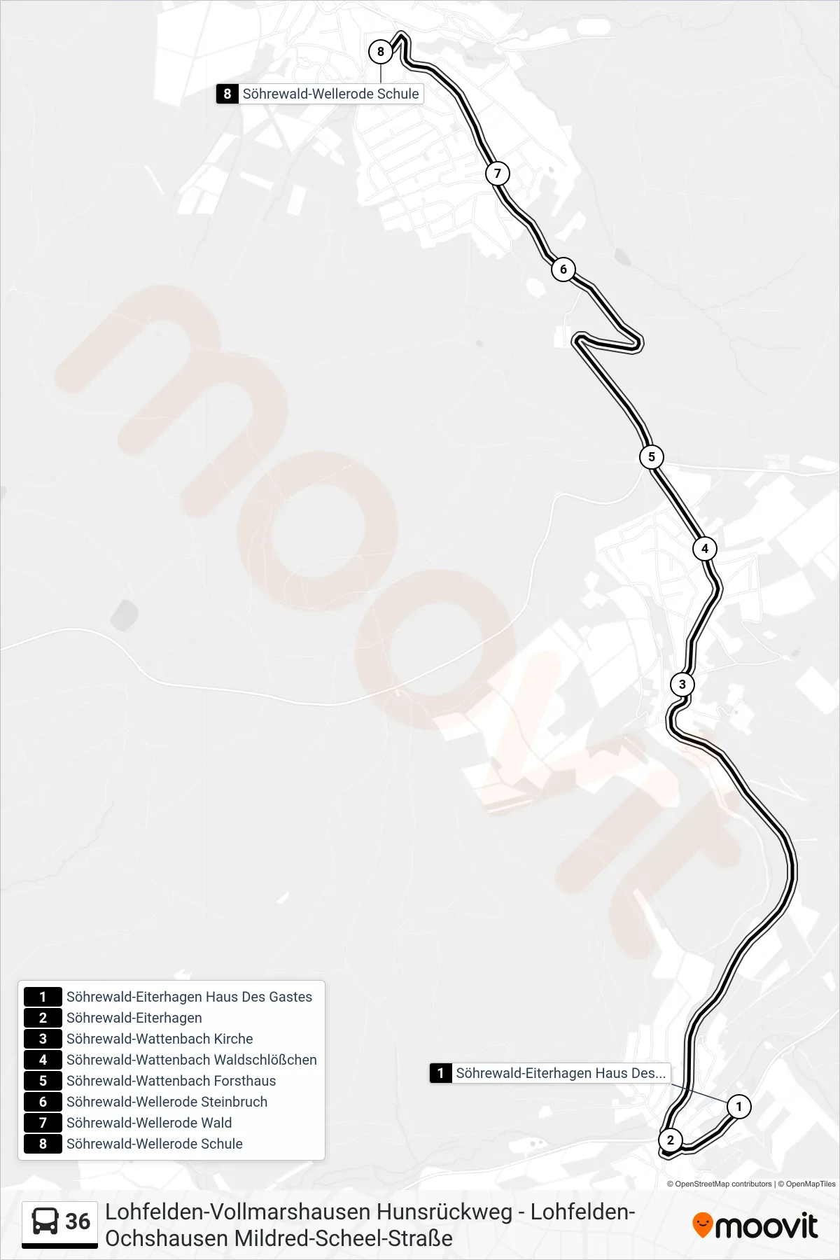 36 bus Line (Söhrewald-Wellerode Schule) route and stops on a map