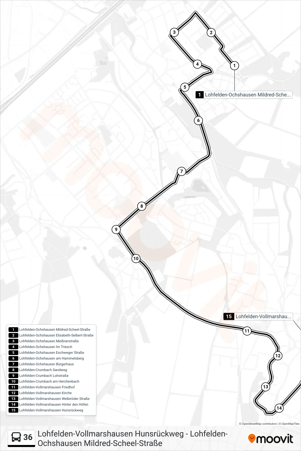 36 bus Line (Lohfelden-Vollmarshausen Hunsrückweg) route and stops on a map