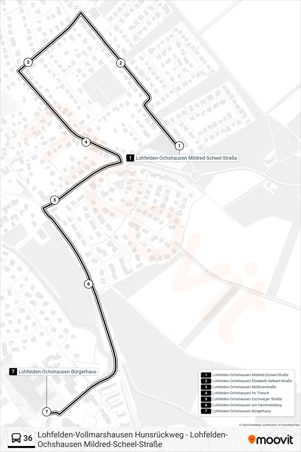 36 bus Line (Bürgerhaus) route and stops on a map