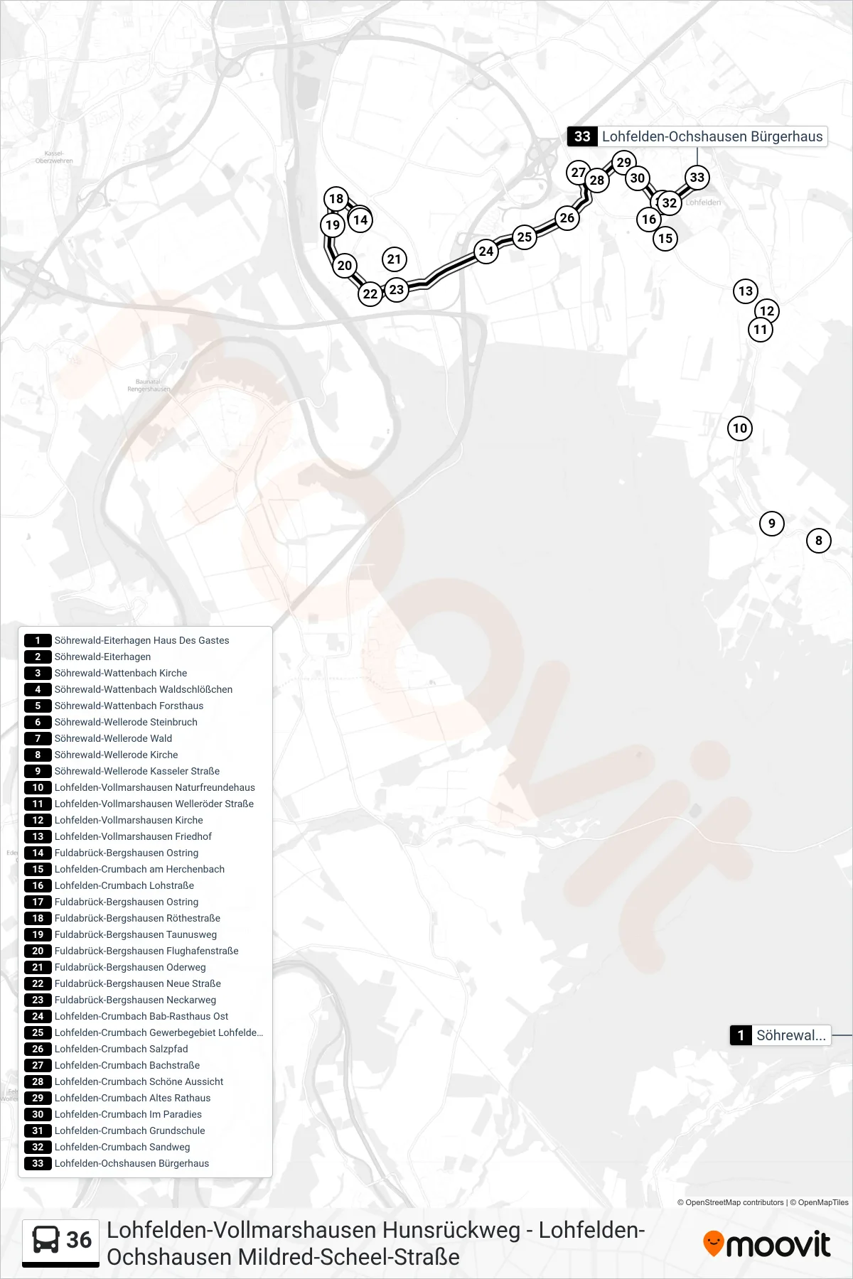 36 bus Line (Lohfelden-Ochshausen Bürgerhaus) route and stops on a map
