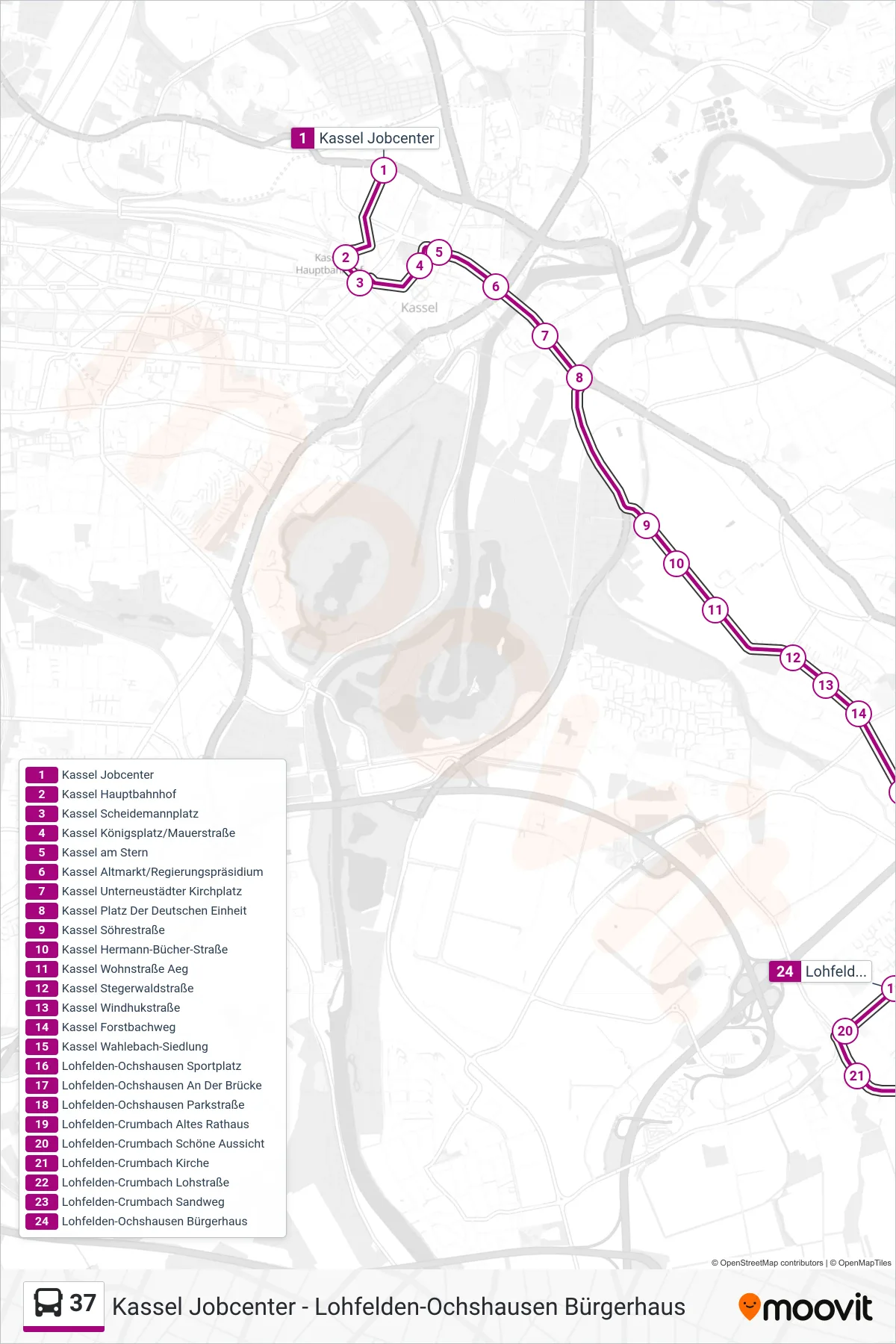 37 bus Line (Lohfelden-Ochshausen Bürgerhaus) route and stops on a map