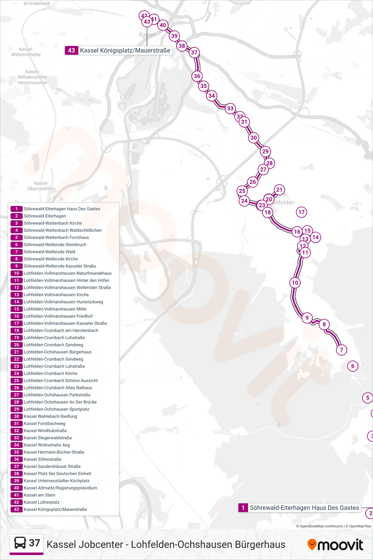 Linie 37 (Bus) Richtung Kassel Königsplatz/Mauerstraße: Route und Haltestellen auf der Karte