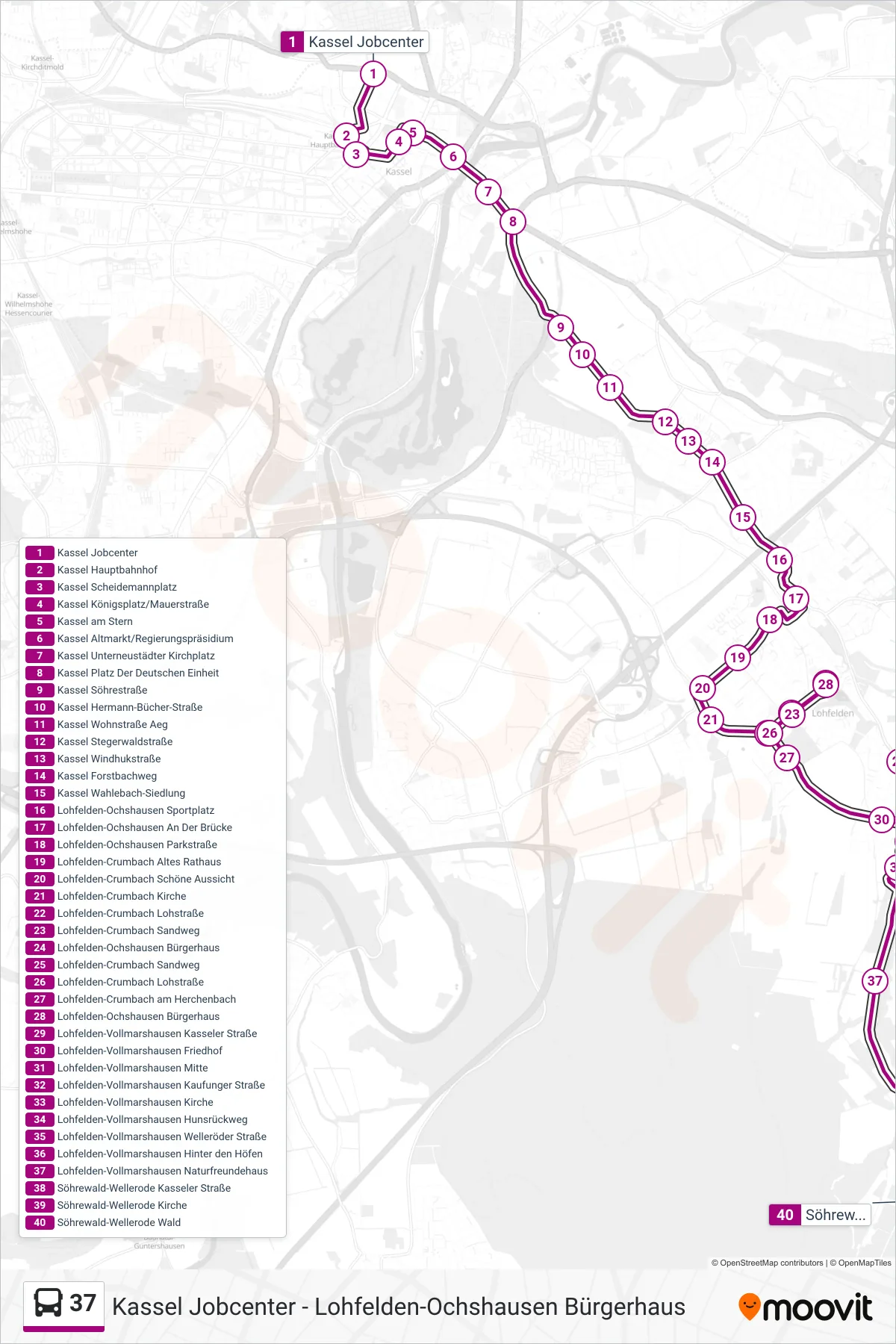 37 bus Line (Söhrewald-Wellerode Wald) route and stops on a map