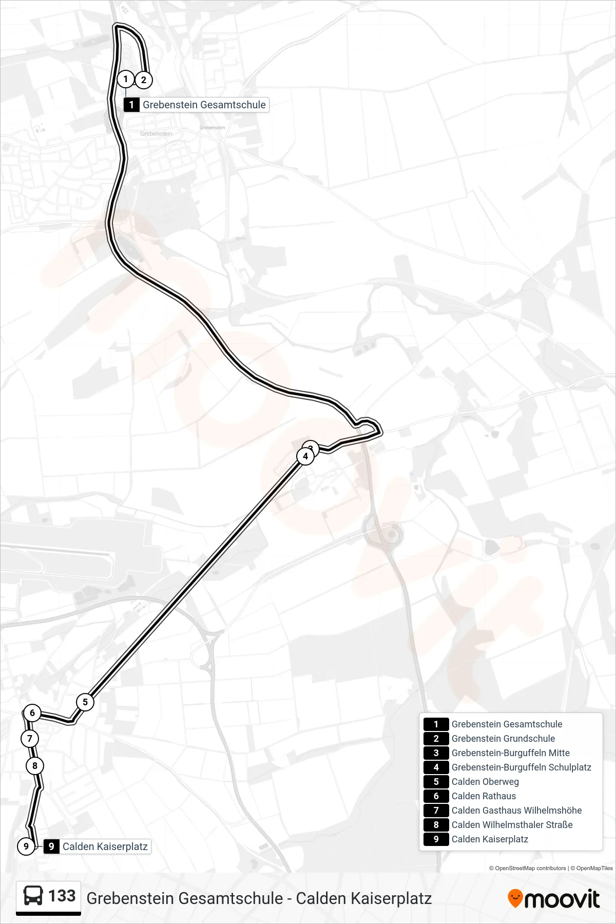 133 bus Line (Calden Kaiserplatz) route and stops on a map
