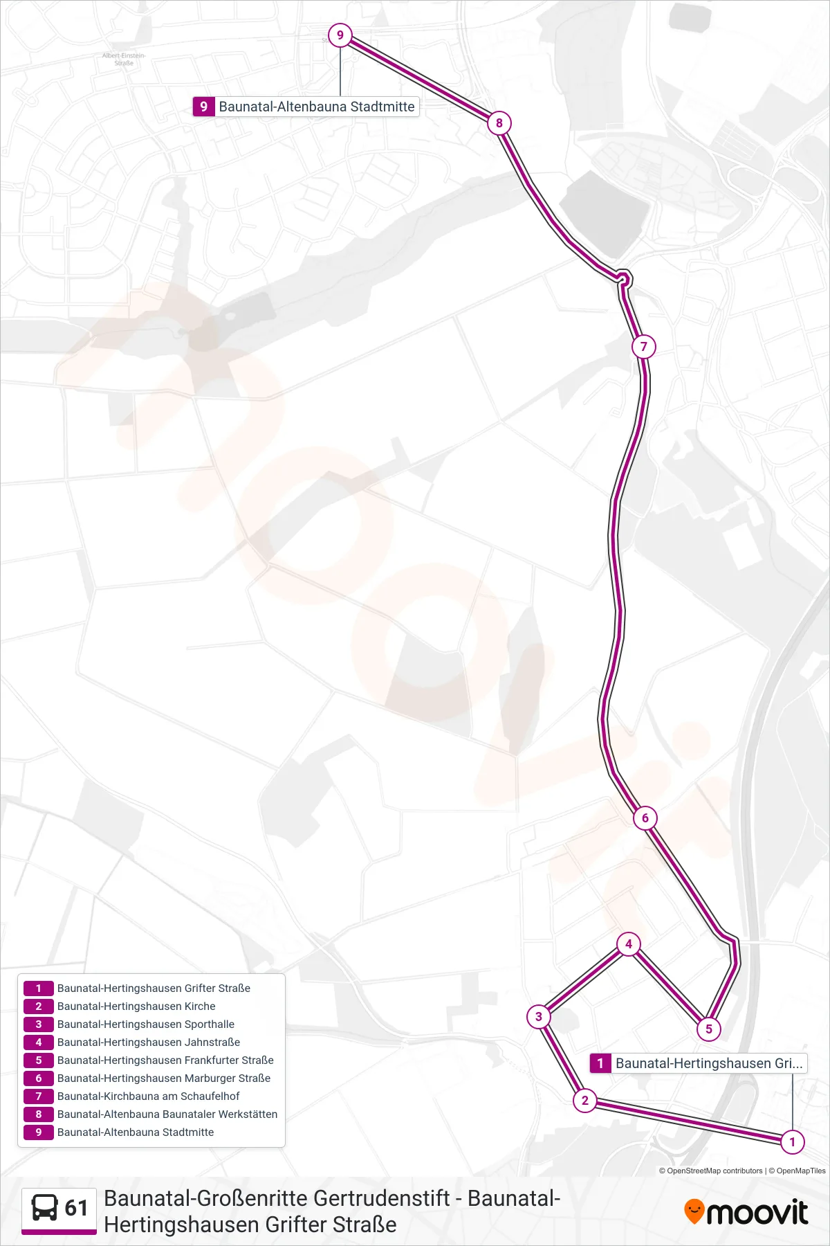 Linie 61 (Bus) Richtung Stadtmitte: Route und Haltestellen auf der Karte