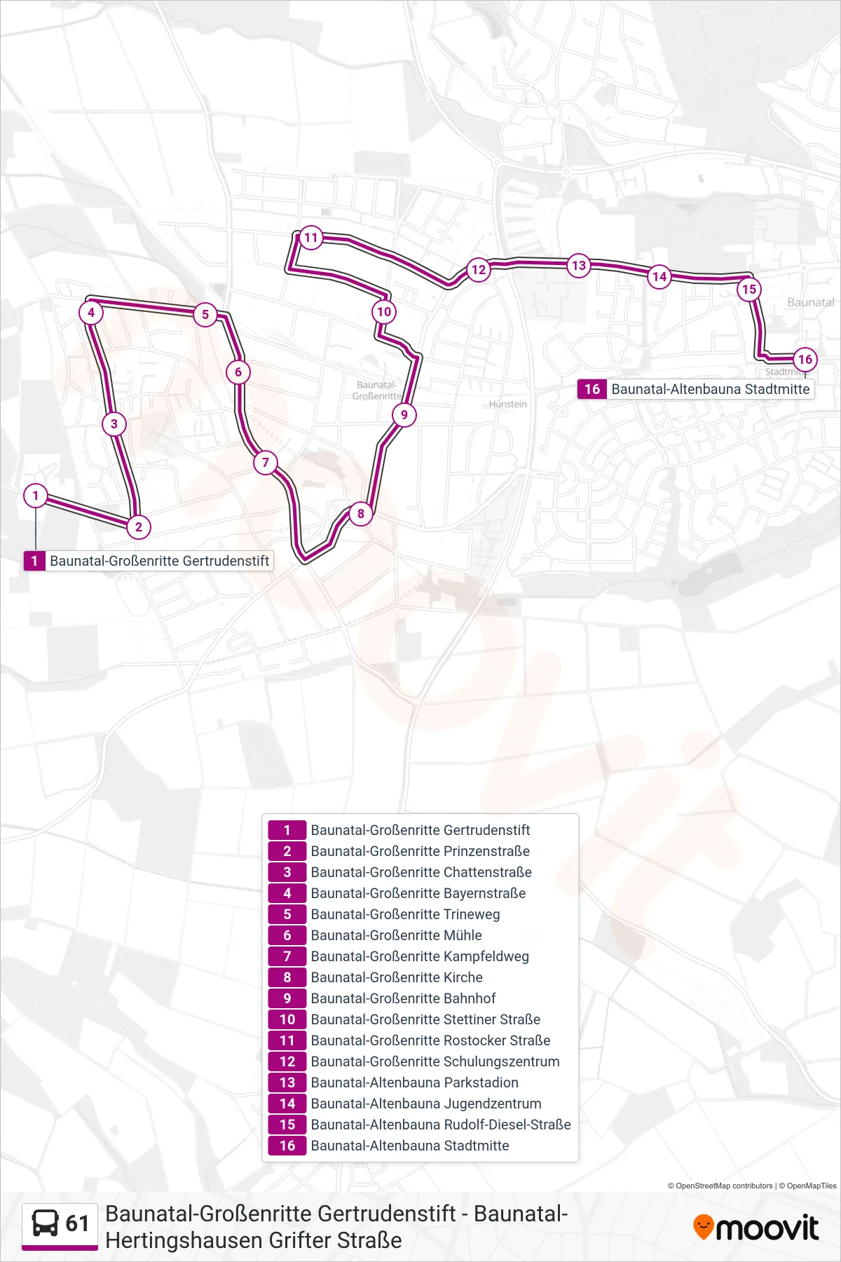 61 bus Line (Stadtmitte) route and stops on a map