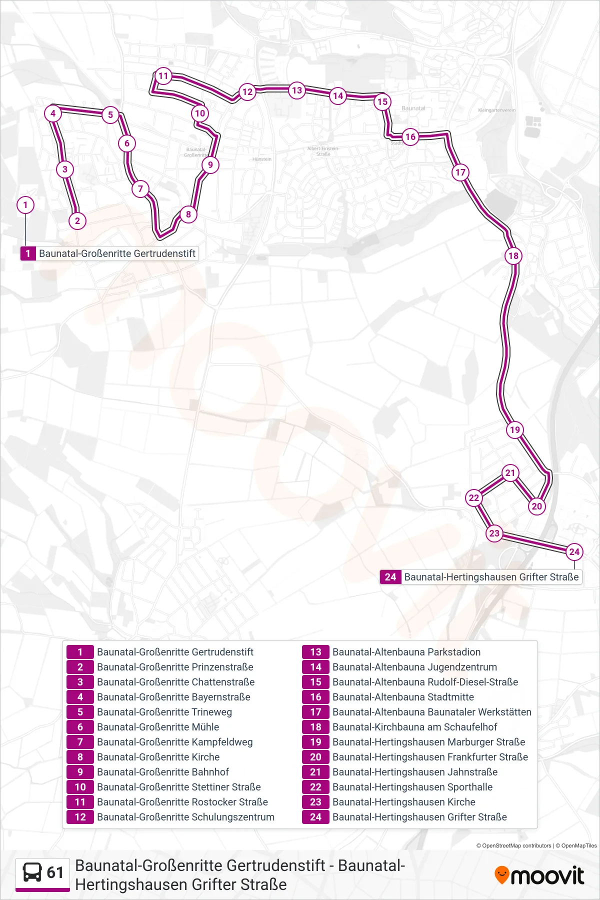 61 bus Line (Baunatal-Hertingshausen Grifter Straße) route and stops on a map