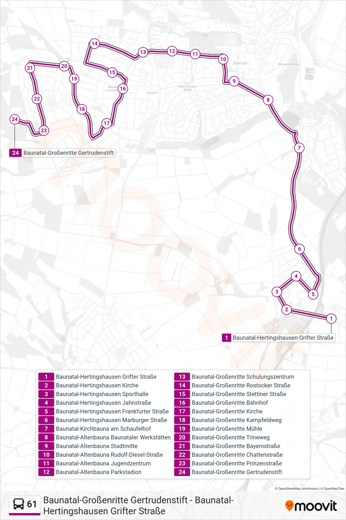 61 bus Line (Baunatal-Großenritte Gertrudenstift) route and stops on a map