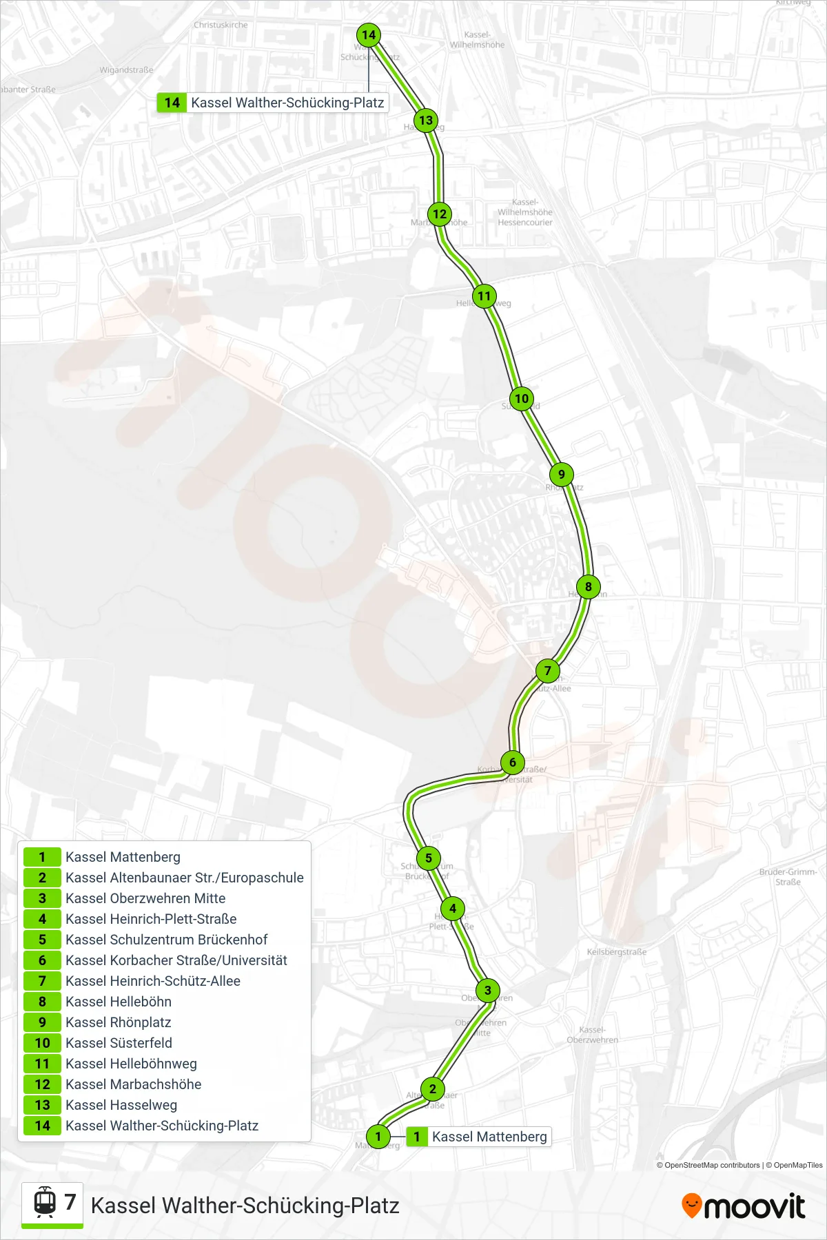 7 light rail Line (Kassel Walther-Schücking-Platz) route and stops on a map
