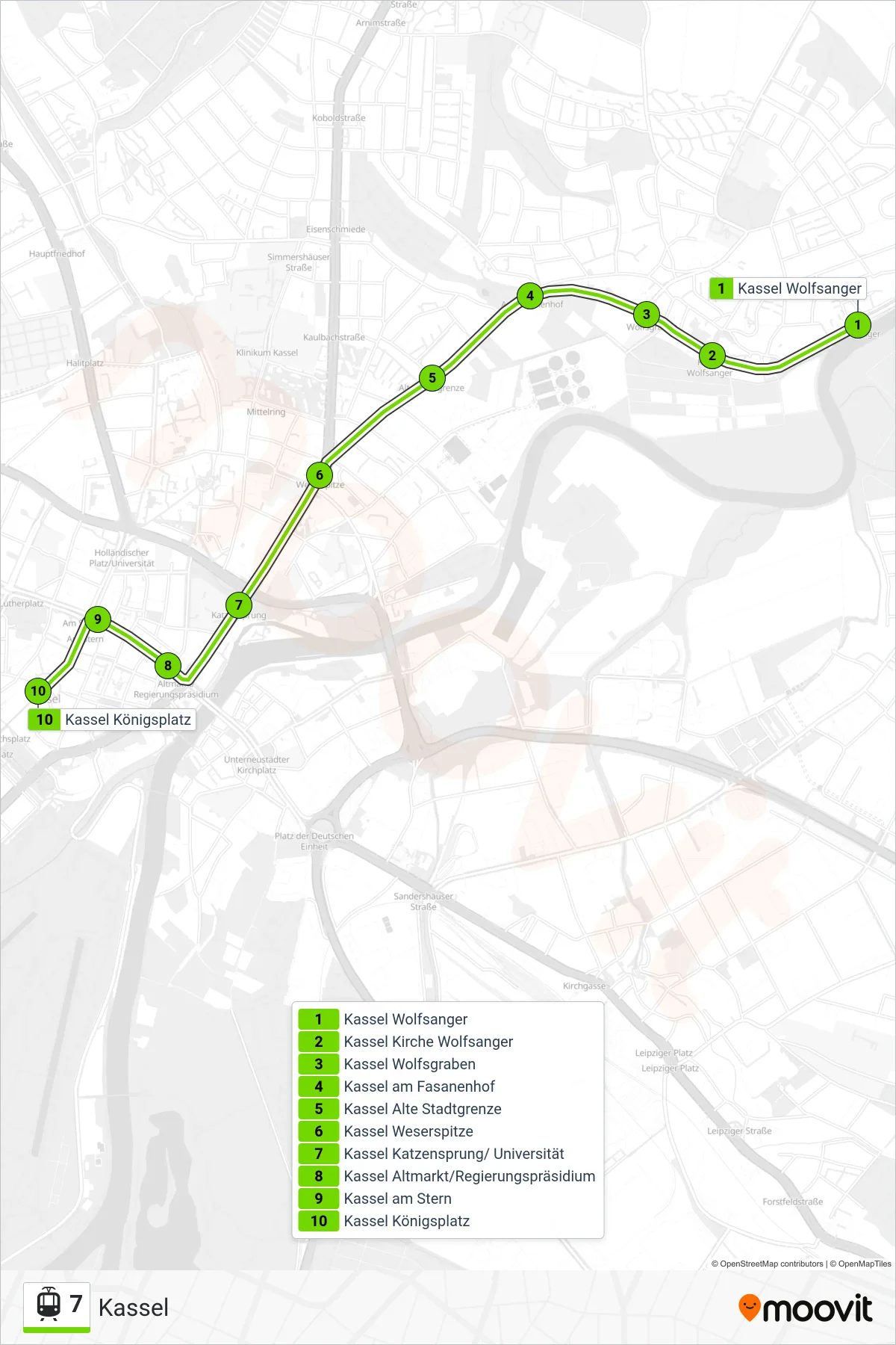 7 light rail Line (Kassel) route and stops on a map