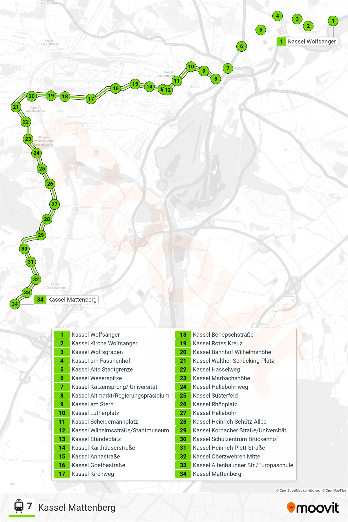 Linie 7 (Straßenbahn) Richtung Kassel Mattenberg: Route und Haltestellen auf der Karte