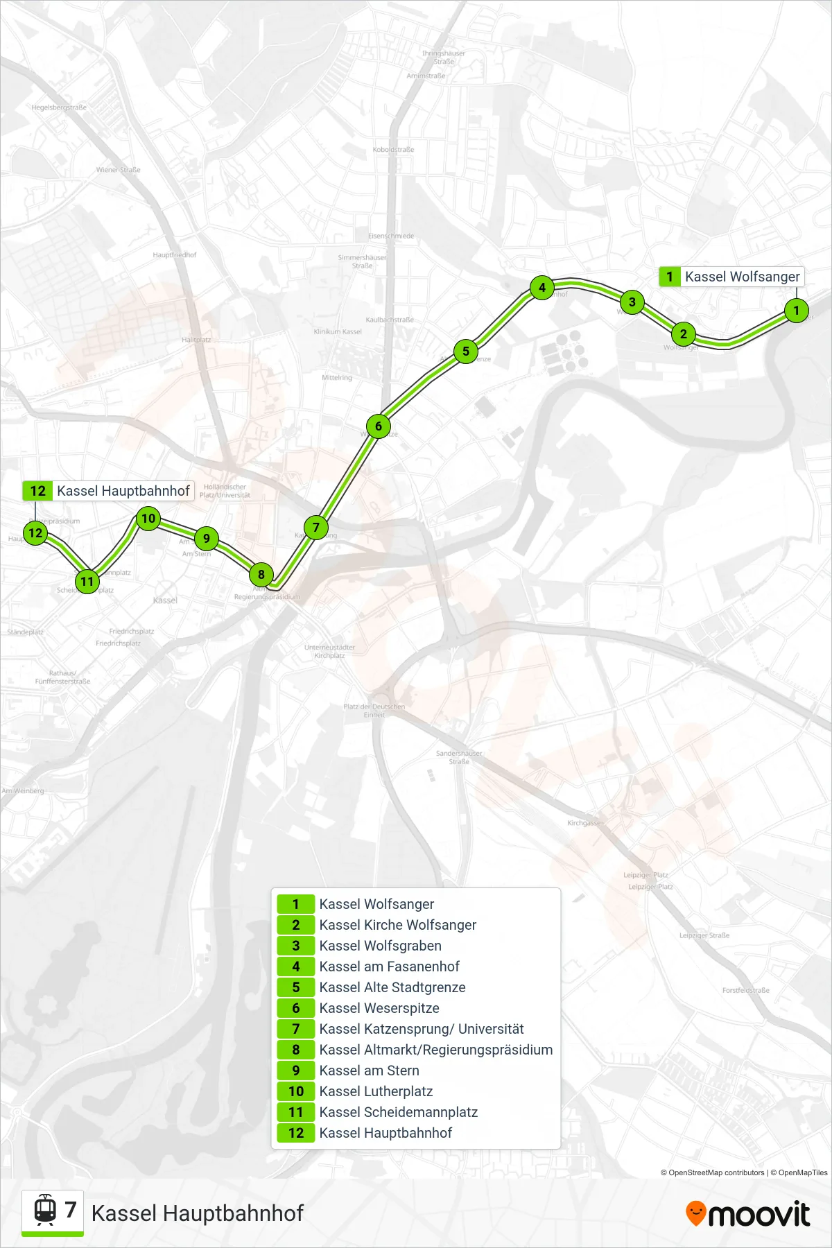7 light rail Line (Kassel Hauptbahnhof) route and stops on a map